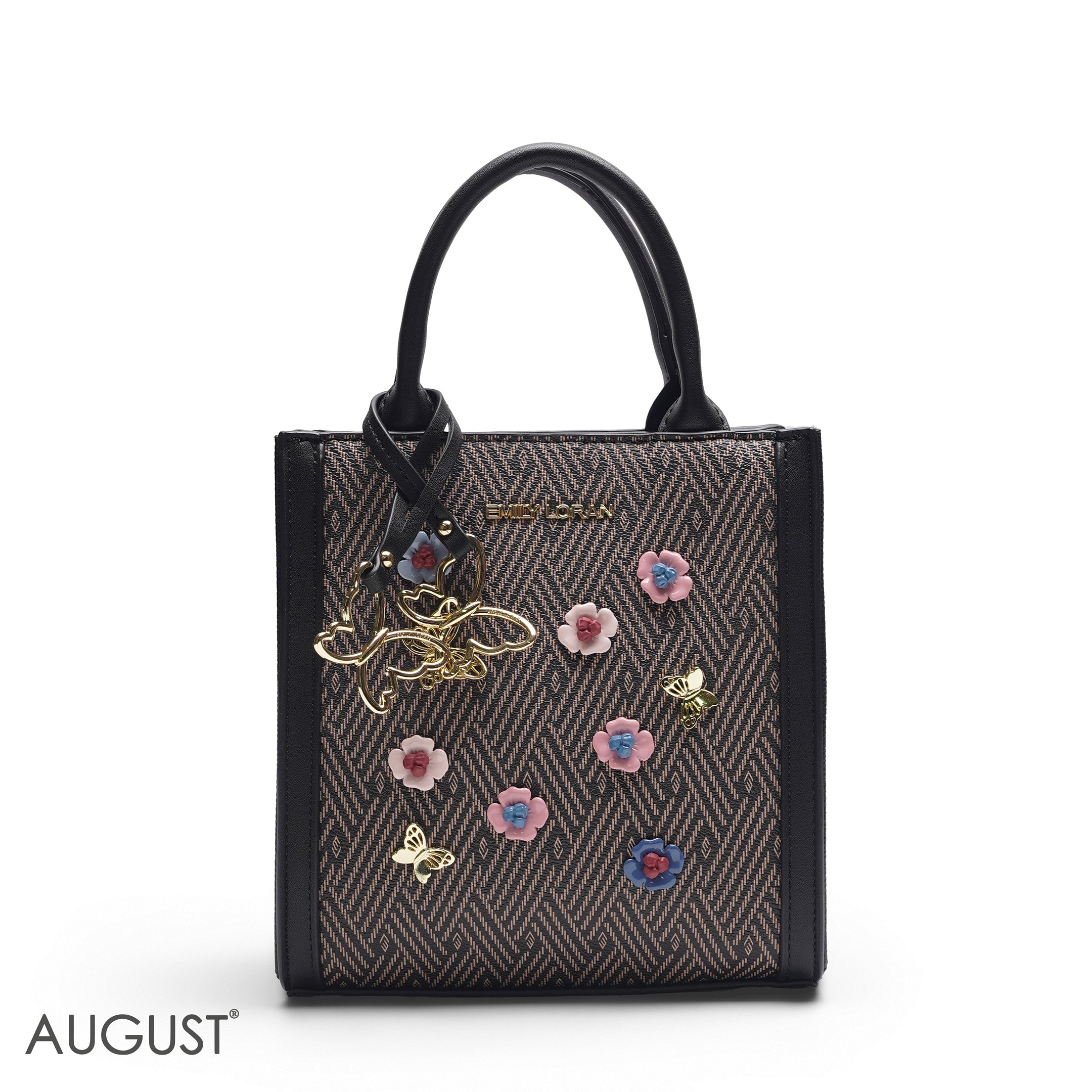 BLACK SQUARE TOTE WITH FLORAL APPLIQUÉS - SMALL