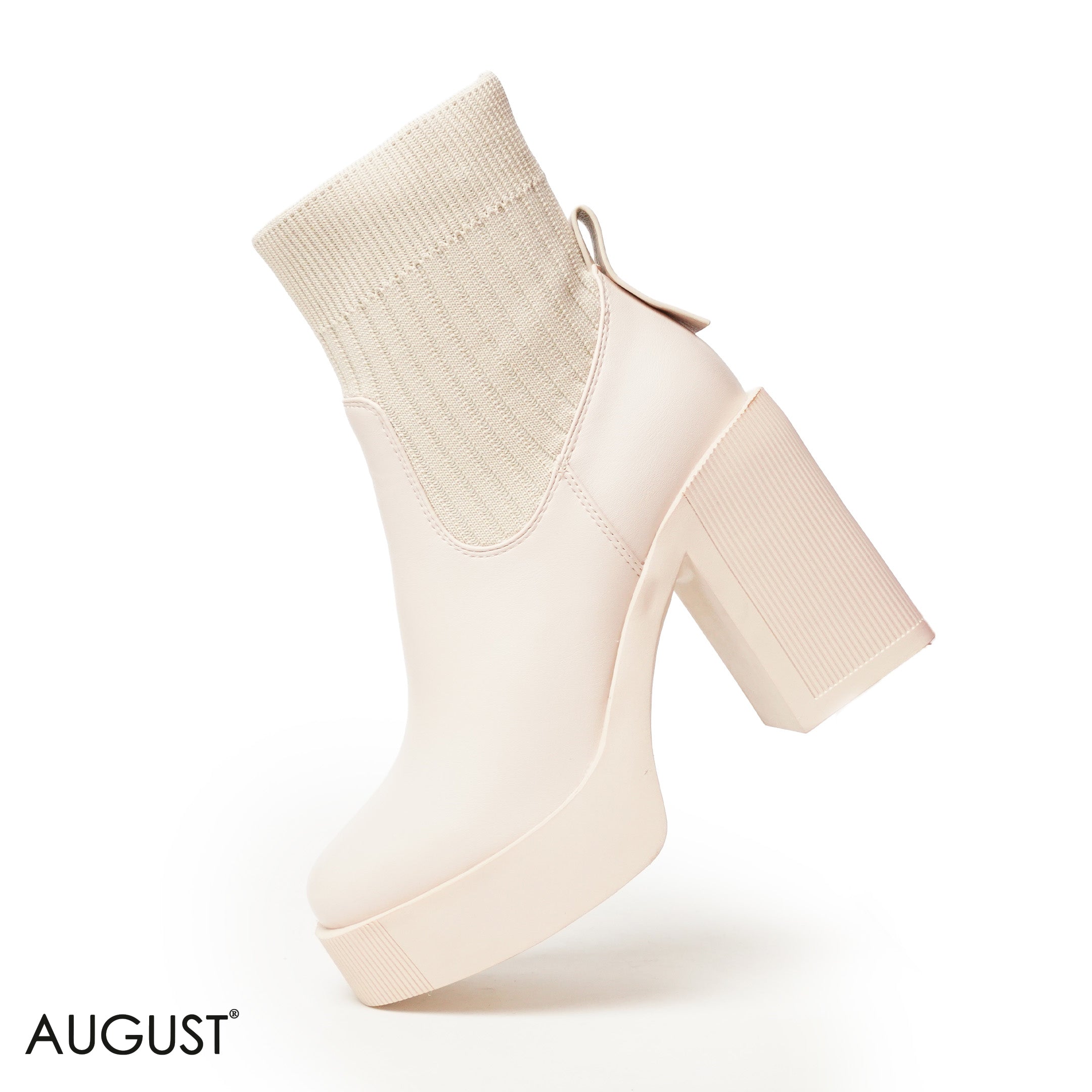 BEIGE STRETCHY SOCK HEELED ANKLE BOOTS