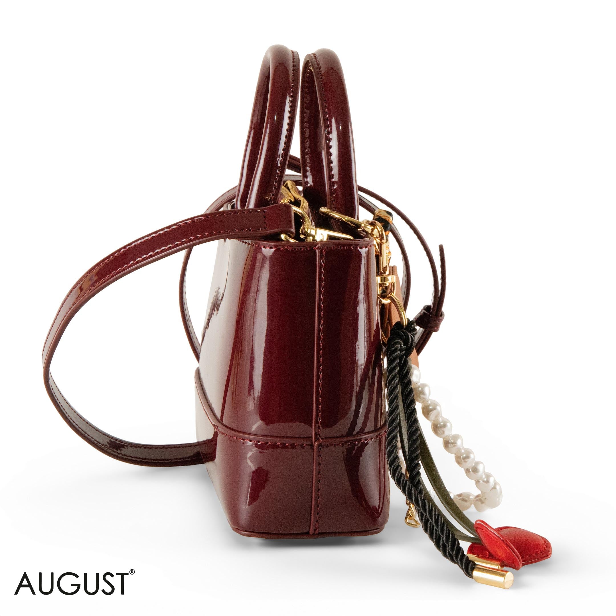 MAROON GLOSSY LEATHER HANDBAG WITH ACCESSORIES- SMALL