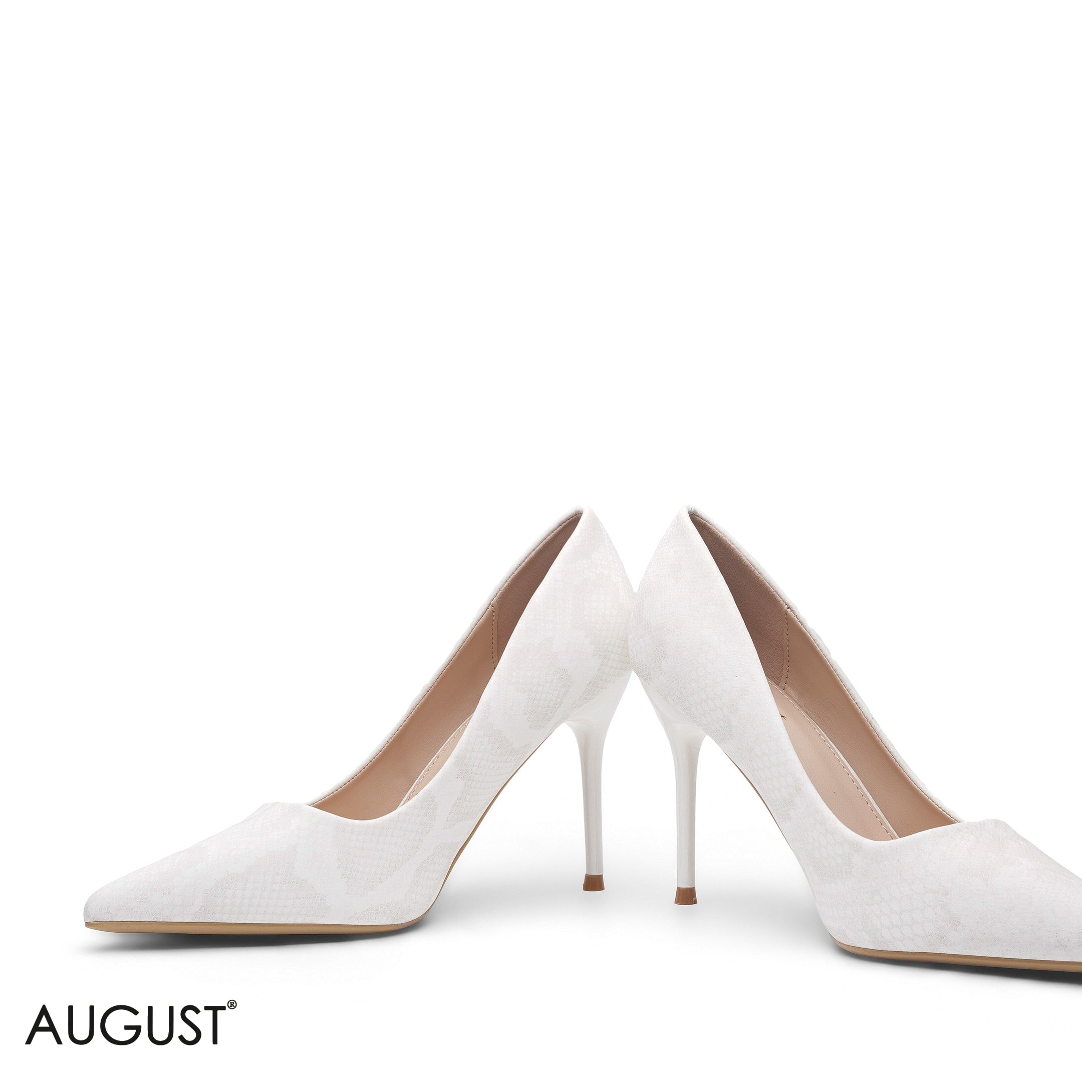 WHITE SNAKESKIN PATTERN LEATHER POINTED TOE HEELS