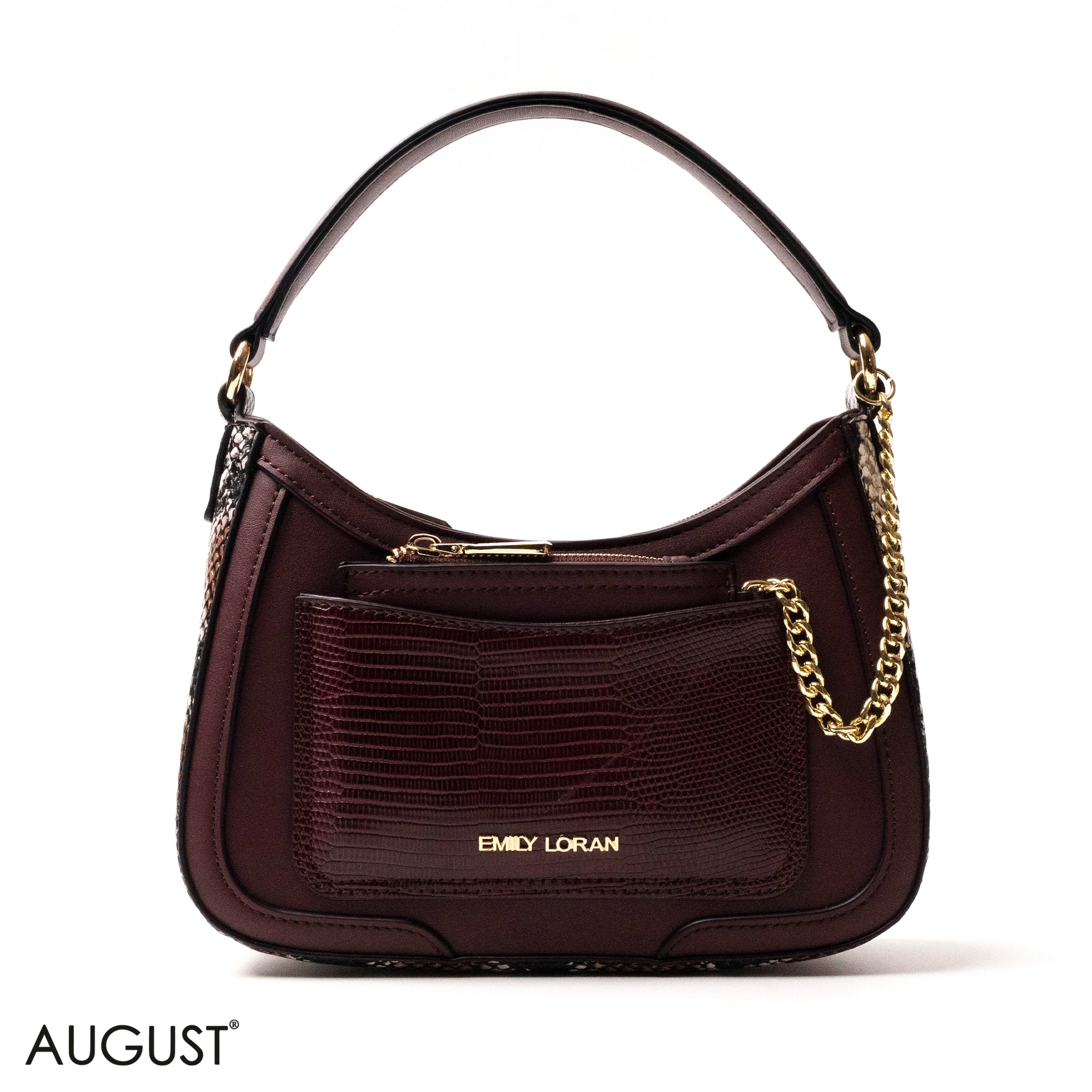 MAROON LEATHER HANDBAG WITH METAL CHAIN -SMALL