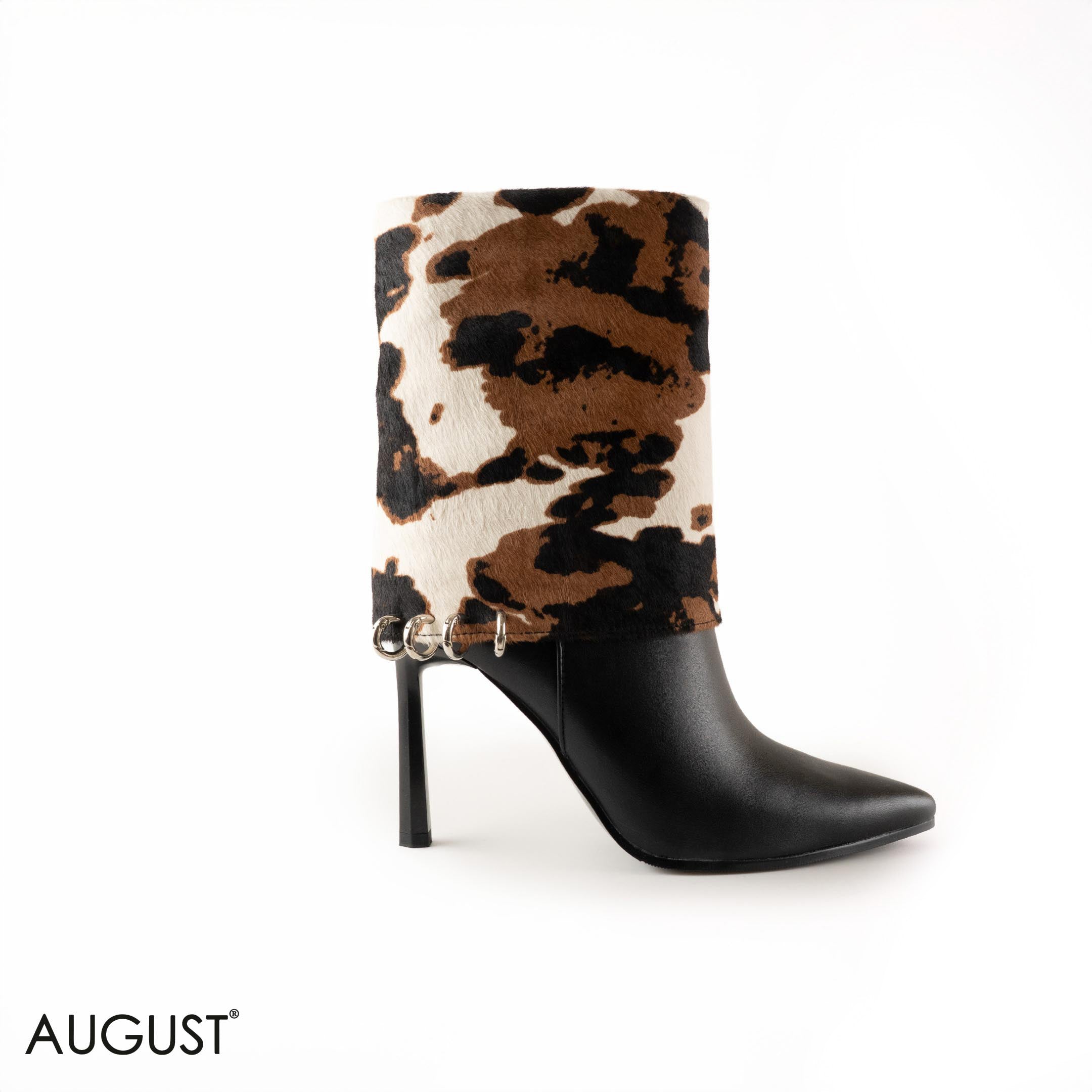 COWHIDE-PRINT STILETTOS HEELED BOOTS WITH METAL- RINGS DETAIL