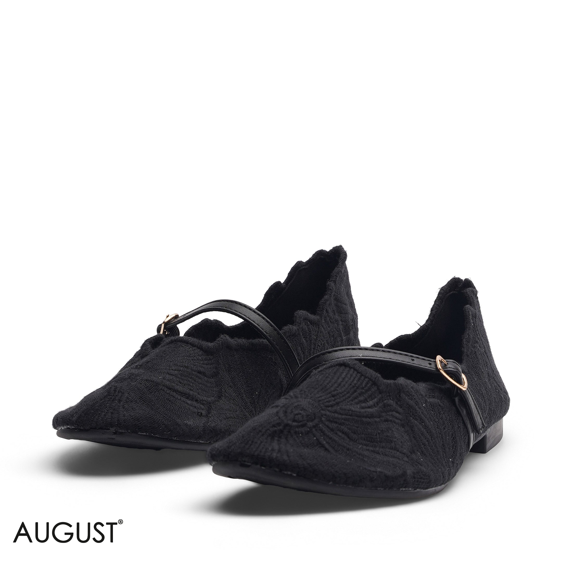 BLACK EMBROIDERED MESH MARY JANE FLATS