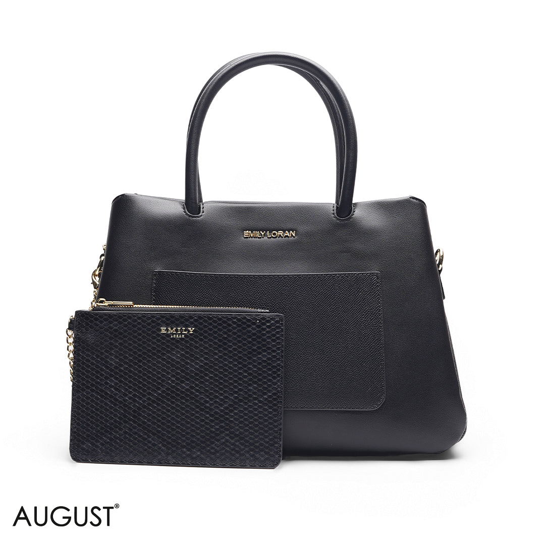 BLACK SOLID BAG WITH FRONT STRAP - MED