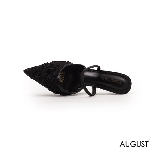 BLACK CHIFFON SLINGBACK HEEL SHOES WITH LACE DATAIL