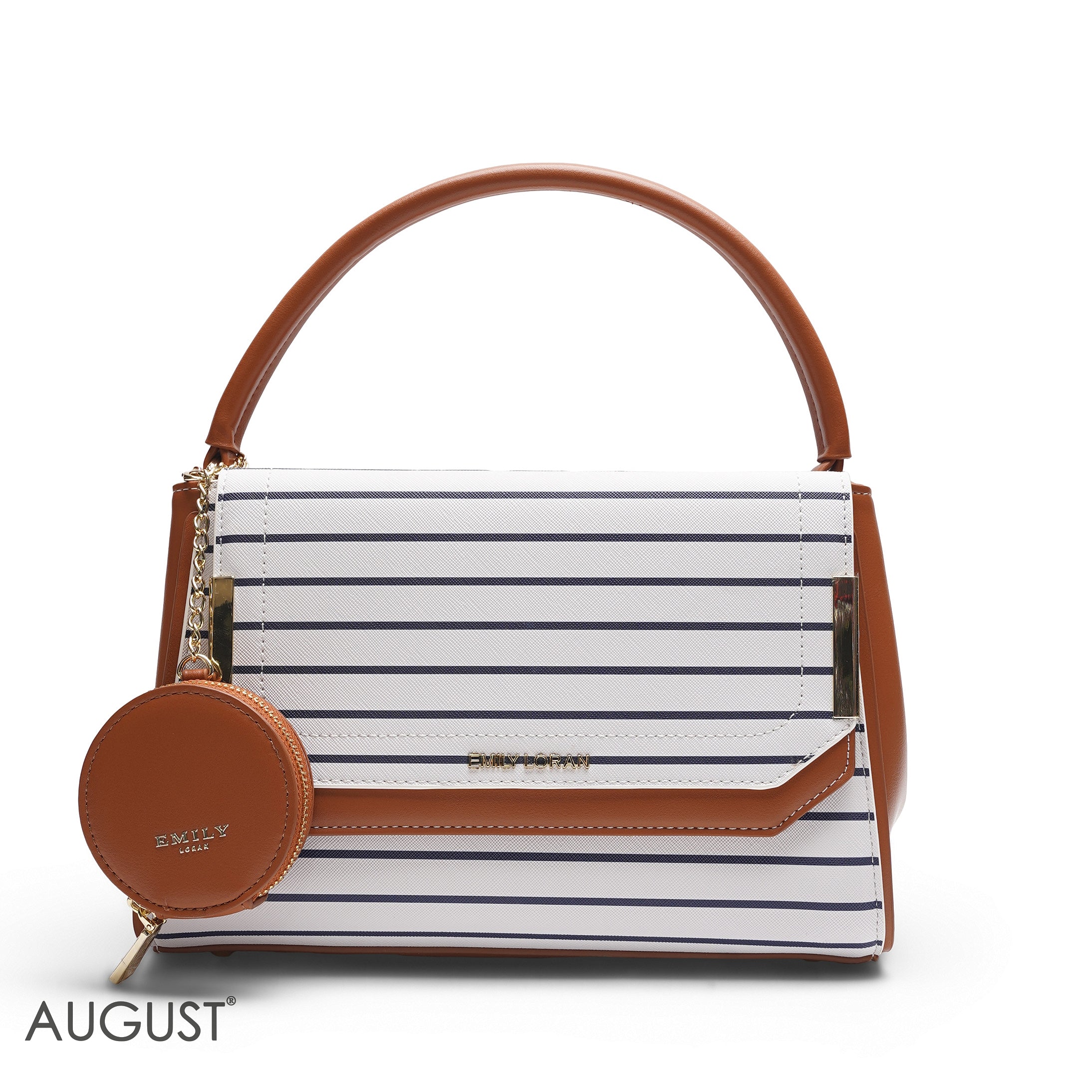 EMILY STRIPED NAVY & TAN SATCHEL BAG WITH ROUND POUCH - MED