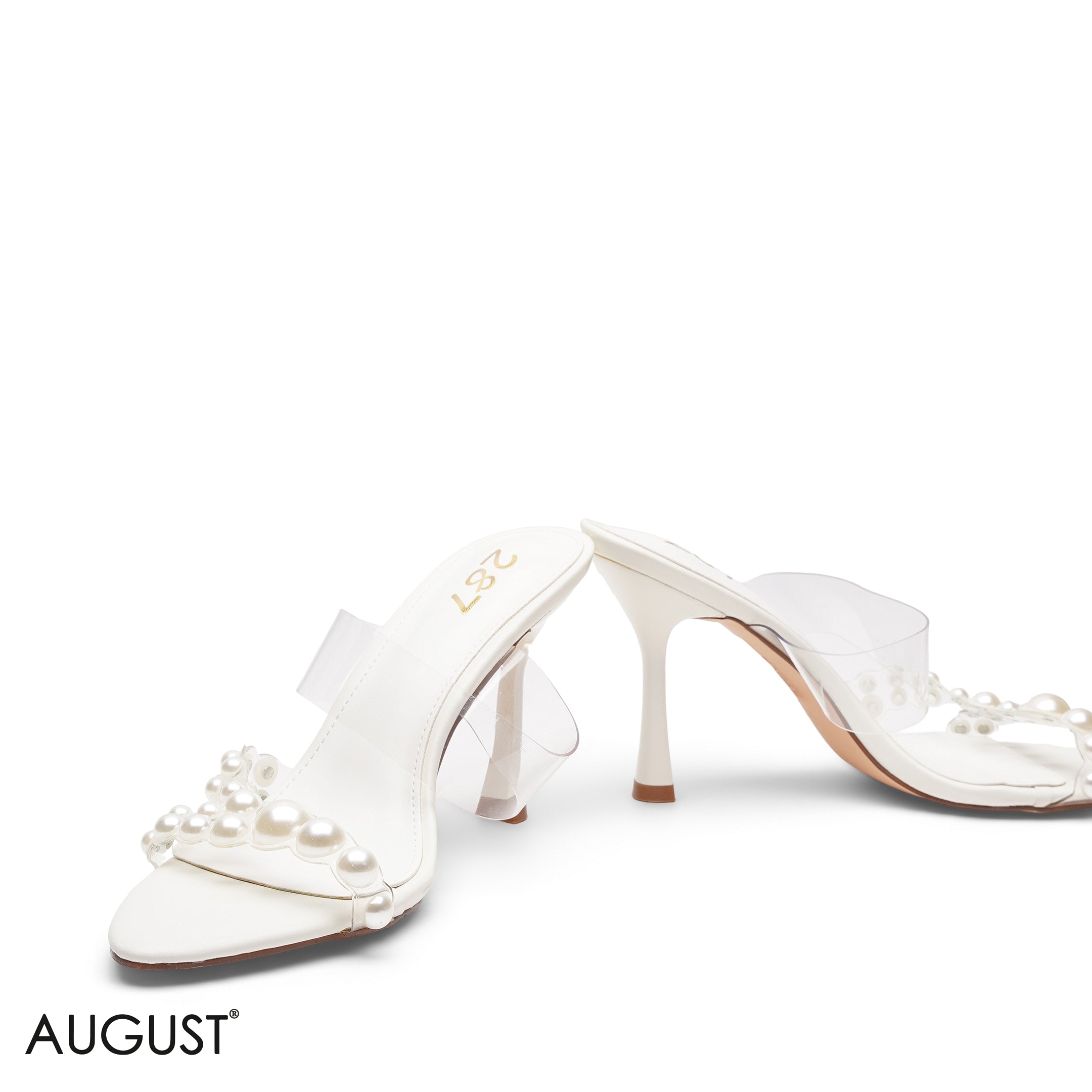 WHITE PEARL EMBELLISHED CLEAR STRAP MULES