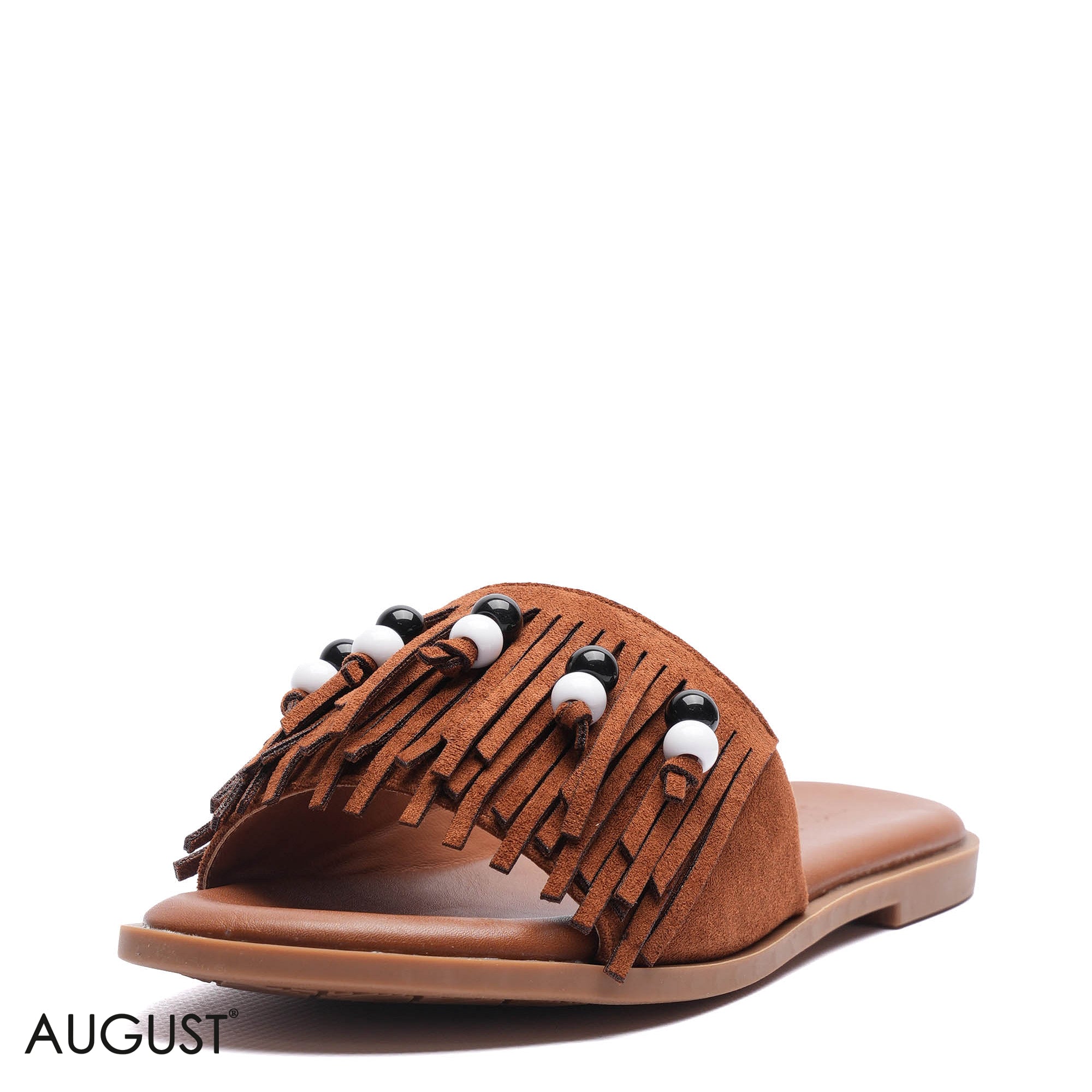 BEADED FRINGE SUEDE CASUAL FLAT SLIDERS