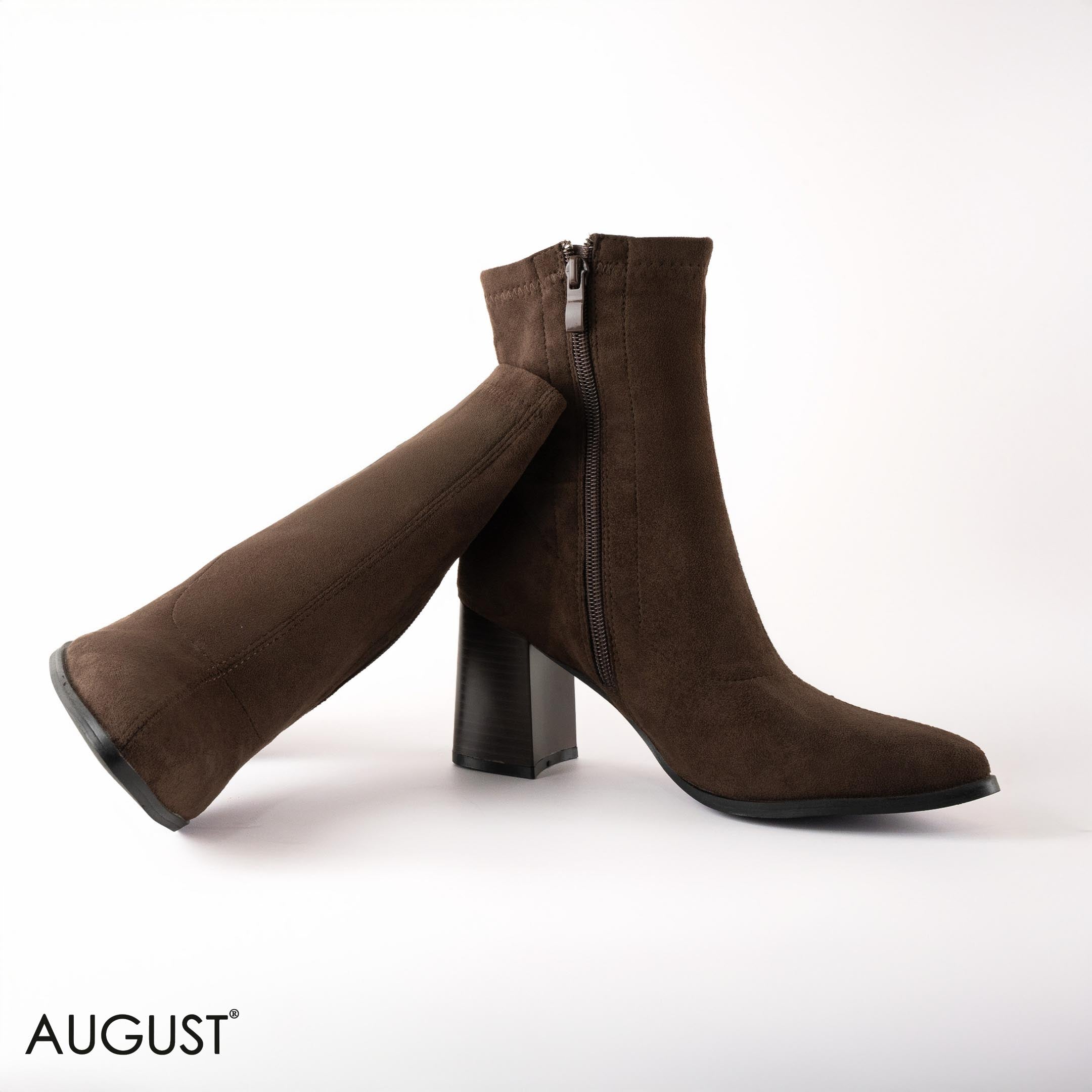 BROWN SUEDE HEELED STRETCHY SOCK BOOTS