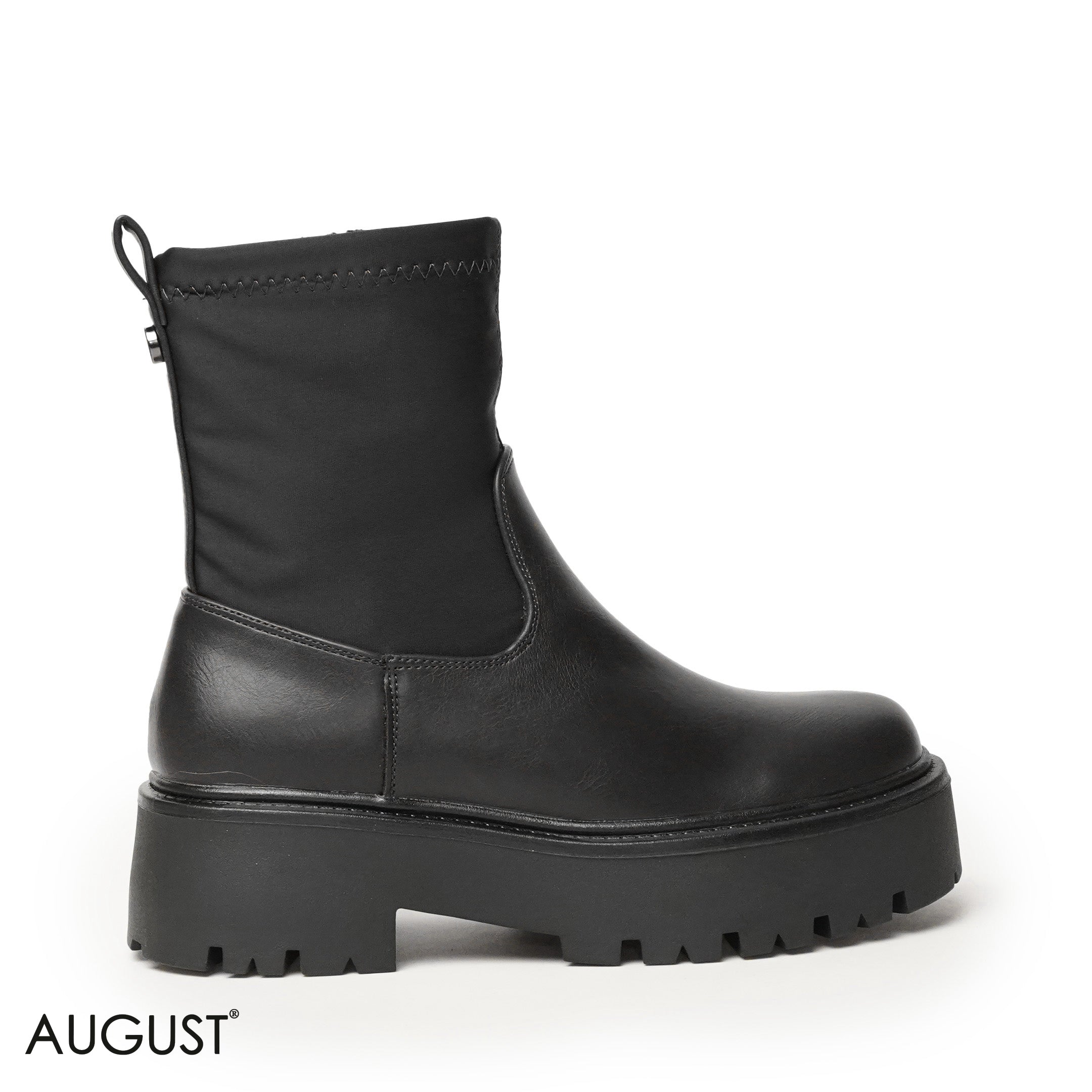 BLACK LEATHER ANKLE BOOTS WITH THICK SOLE,BACK ZIPPER