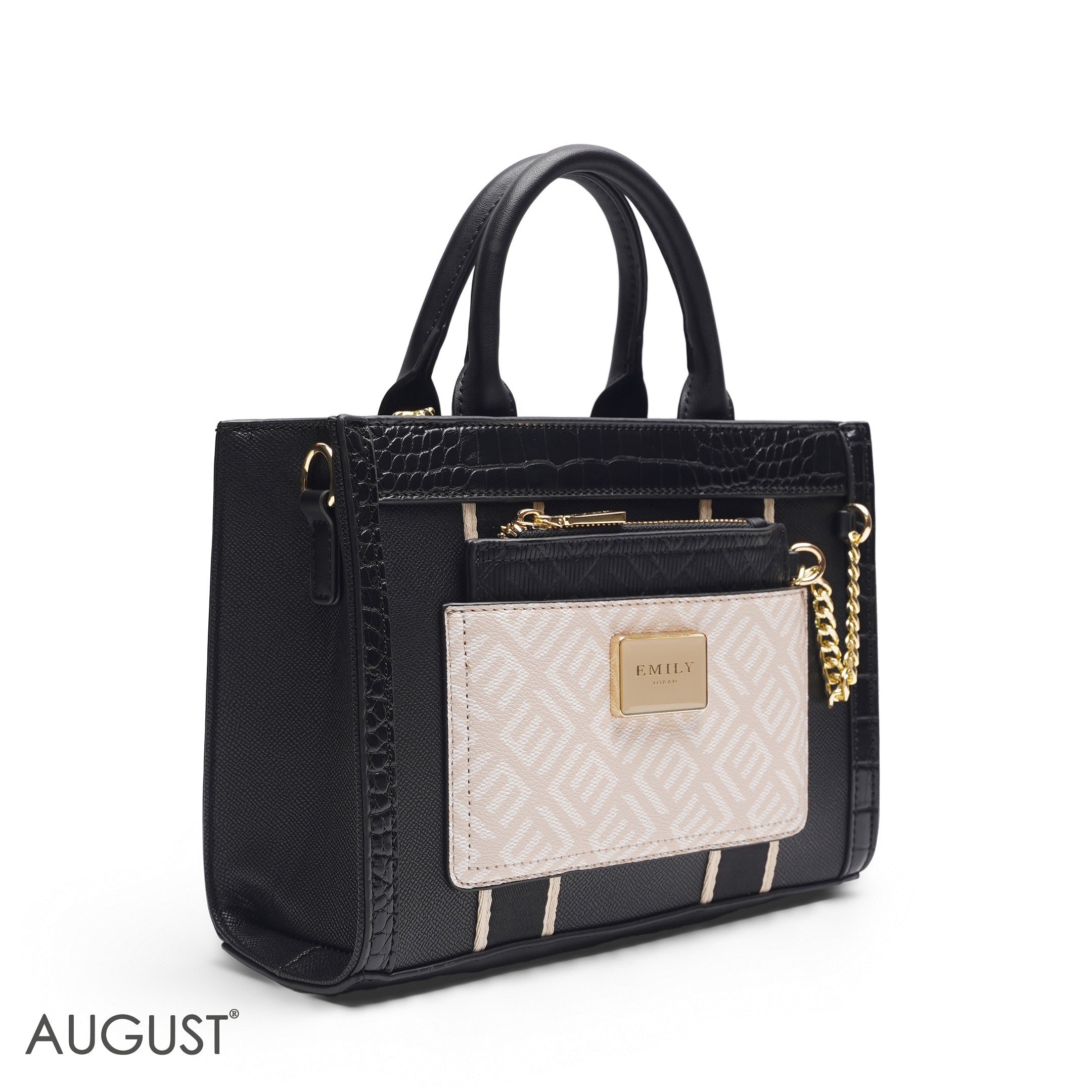 EMILY EMBOSSED LOGO TOTE BAG - BLACK & CREAM - MED