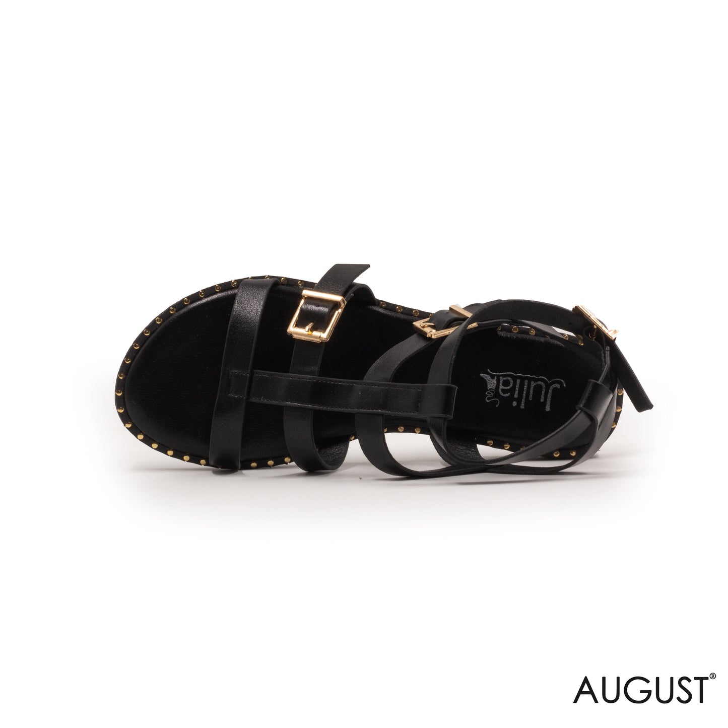 BLACK LEATHER FLAT SANDALS WITH STRAPPY BUCKLES