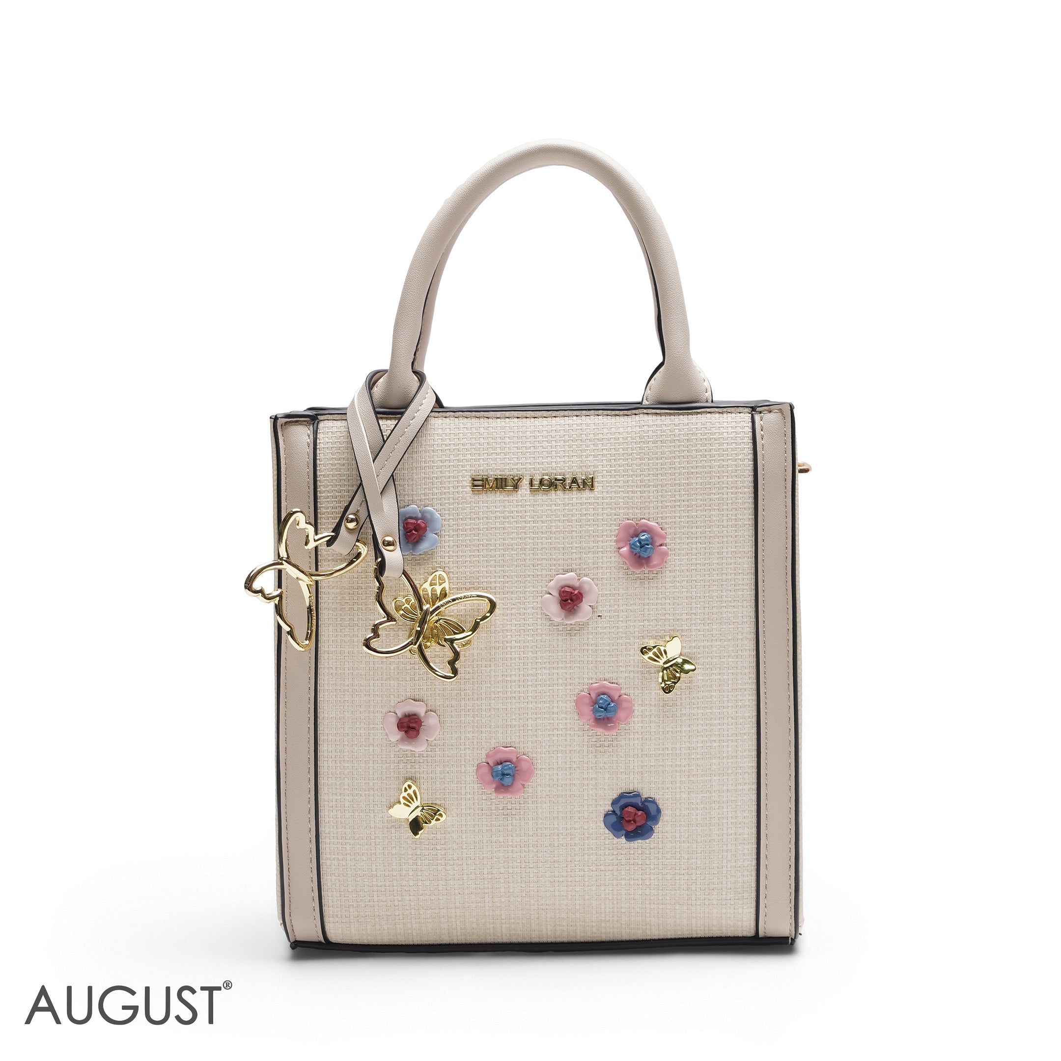 BEIGE SQUARE TOTE WITH FLORAL APPLIQUÉS - SMALL