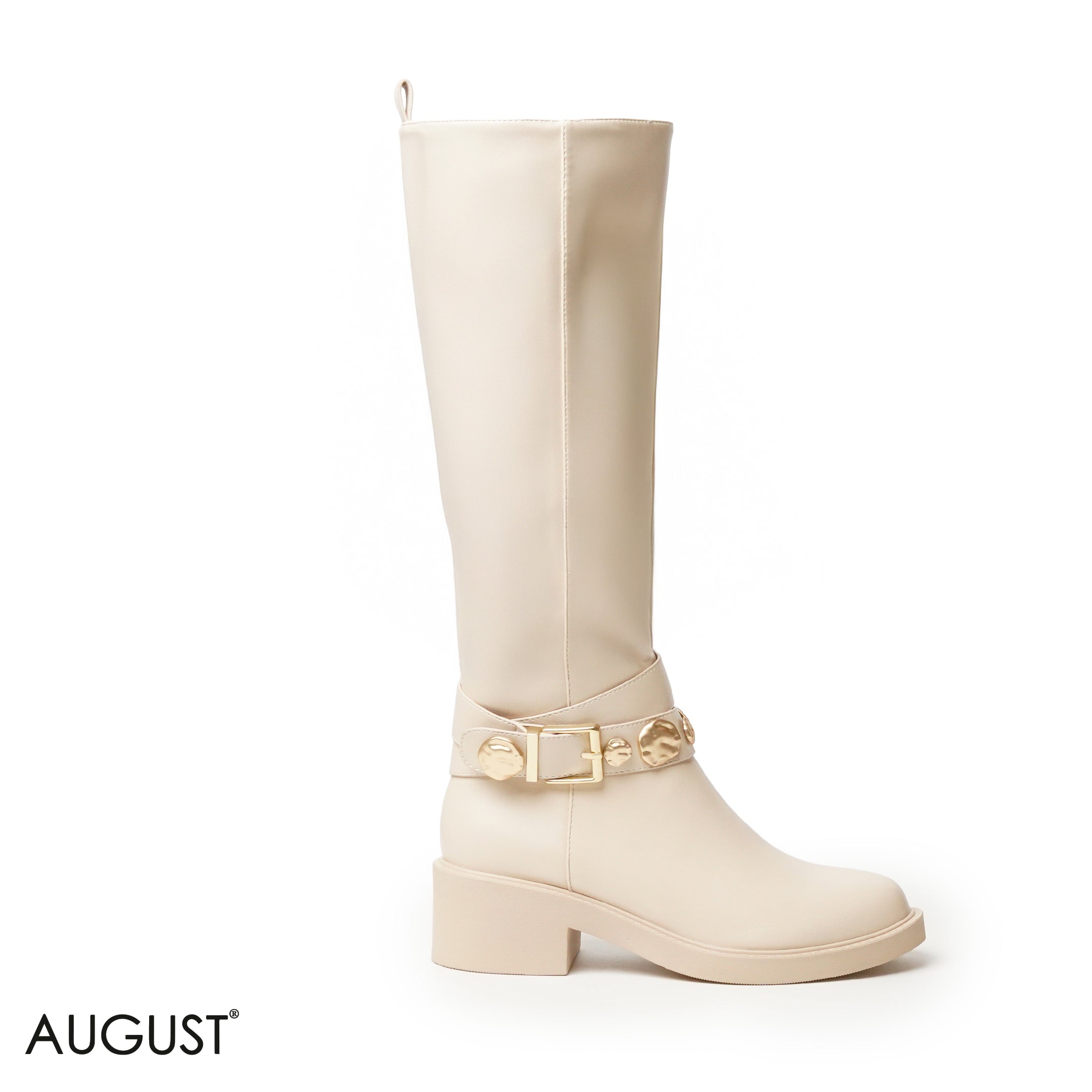 SMOOTH LEATHER LONG BOOTS WITH METAL ACCENTS