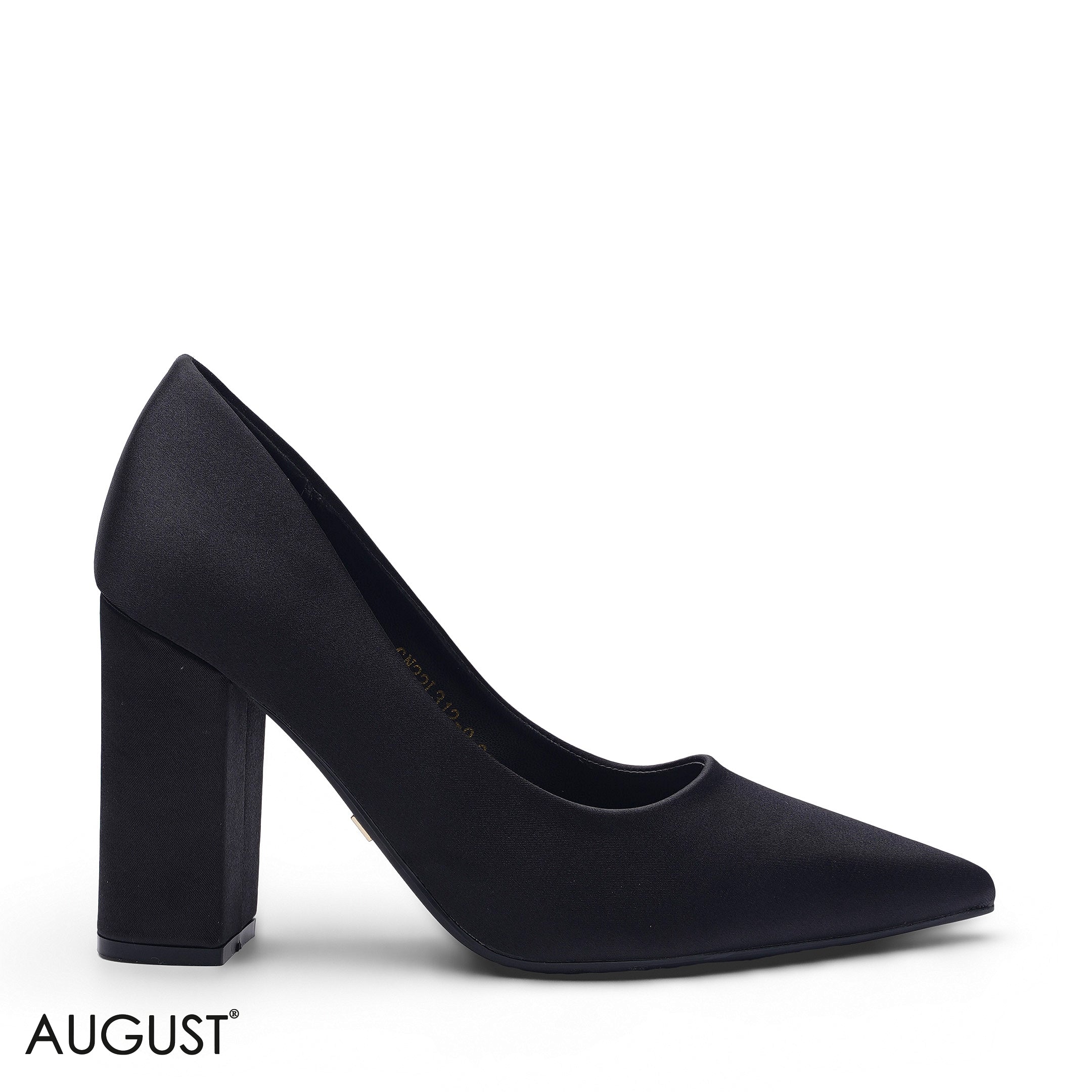 BLACK SATIN POINTED-TOE BLOCK HIGH HEEL
