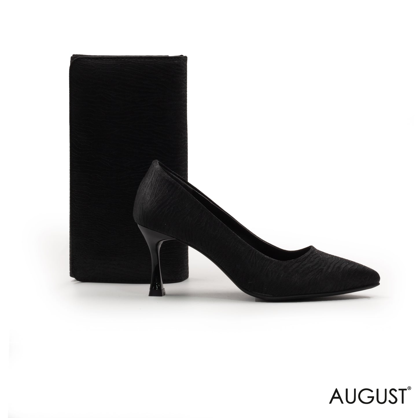 LEATHER POINTED -TOE MED-HEEL PUMP,BLACK ENGRAVED LEATHER WALLET WITH FLAP
