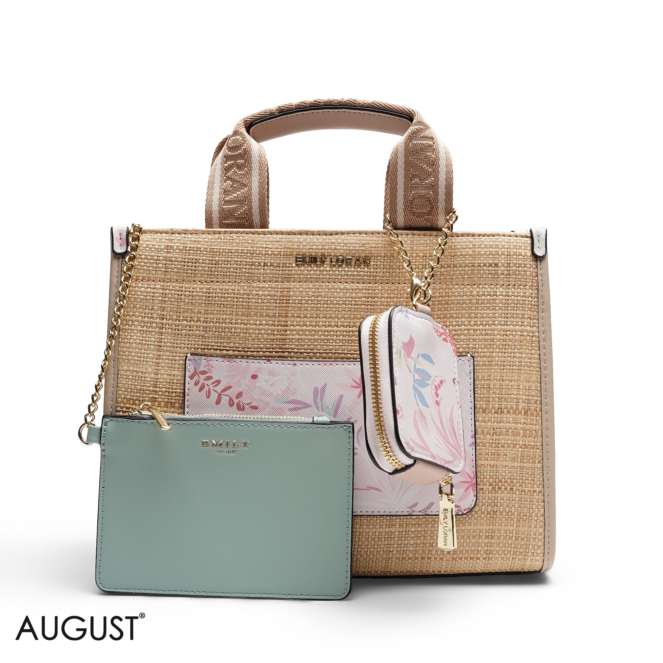 FLORAL STRAW MULTI-POUCH TOTE BAG SET
