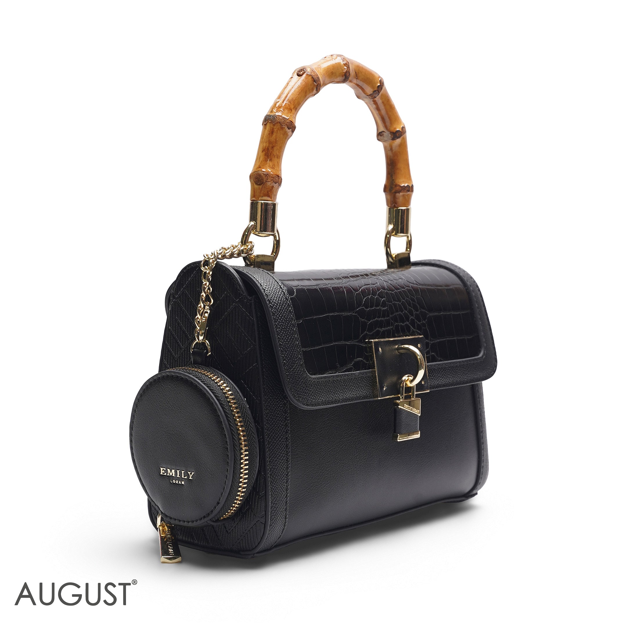 BLACK BAMBOO HANDLE BAG WITH ROUND POUCH