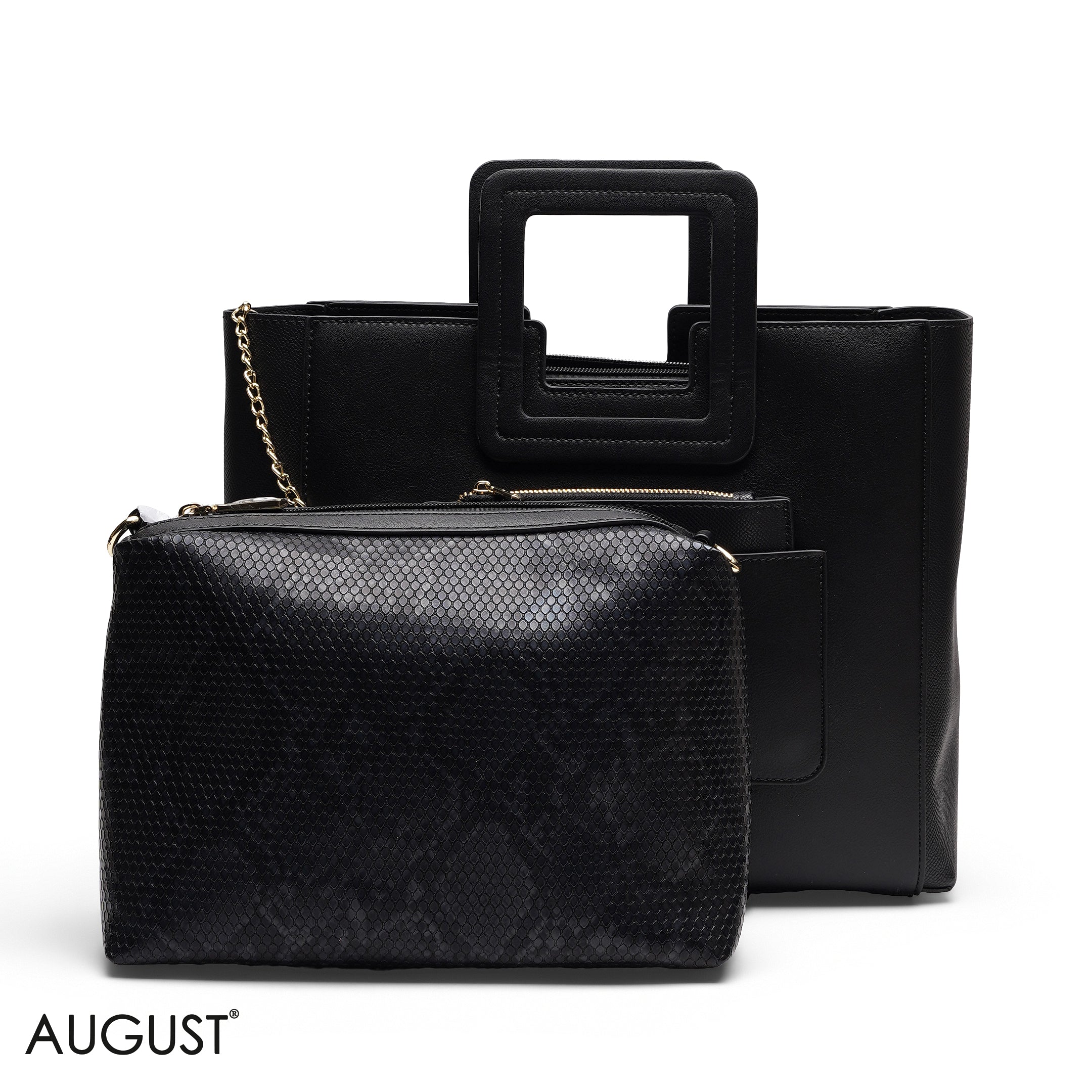 BLACK TEXTURED LEATHER TOTE WITH POUCH BAG