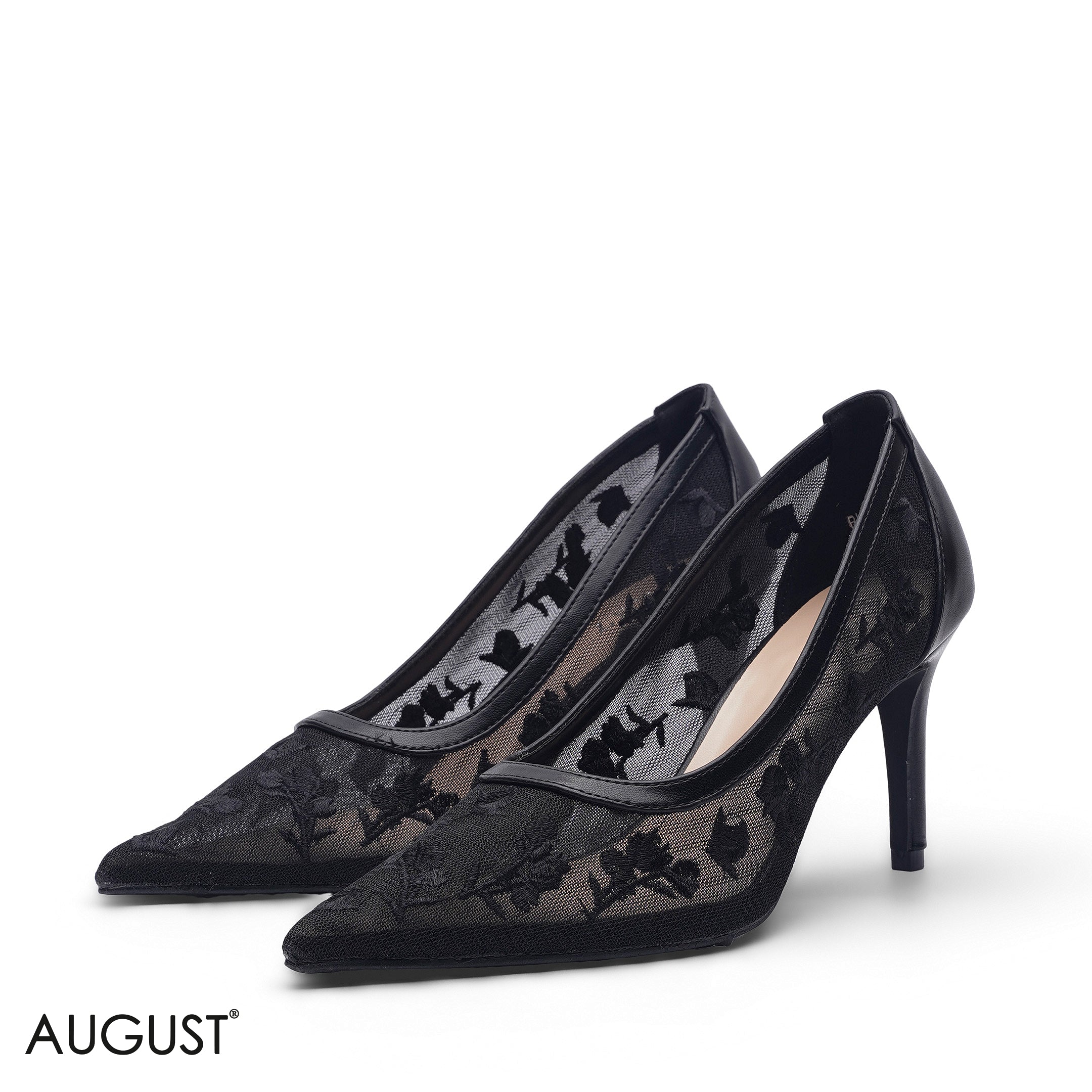 BLACK FLORAL EMBROIDERED MESH POINTED TOE PUMPS