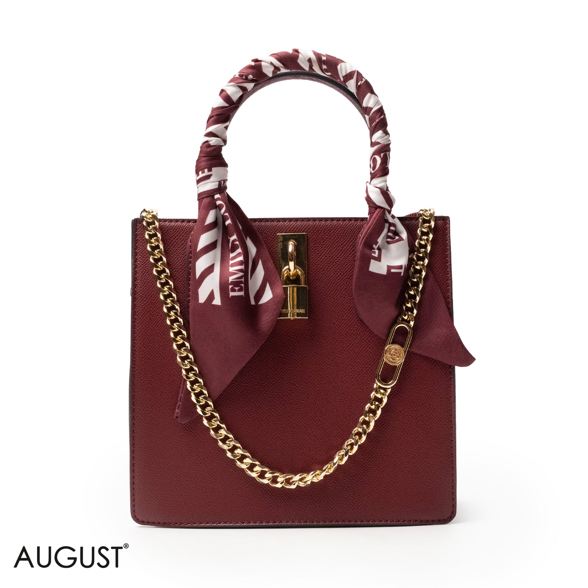 MAROON LEATHER HANDBAG WITH SILKY SCARF, METAL CHAIN - MED