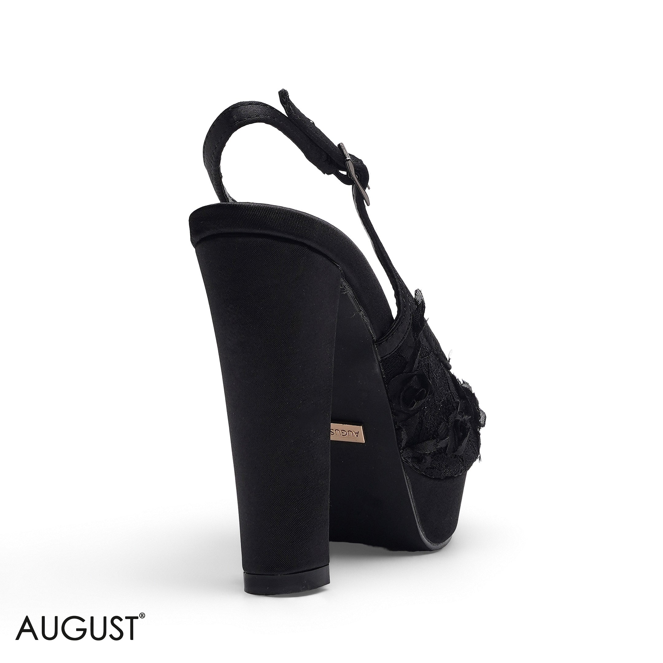 BLACK 3D FLORAL LACE SLINGBACK PLATFORM SANDAL