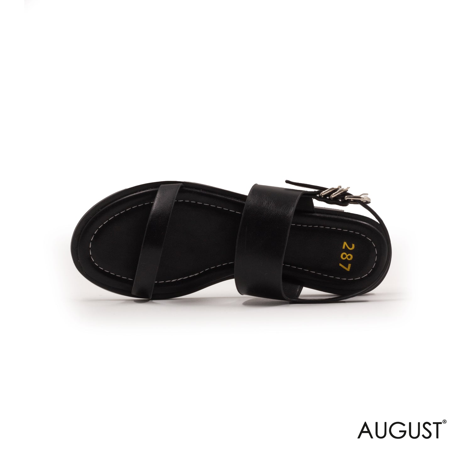 SMOOTH BLACK LEATHER FLAT SANDALS WITH BUCKLED