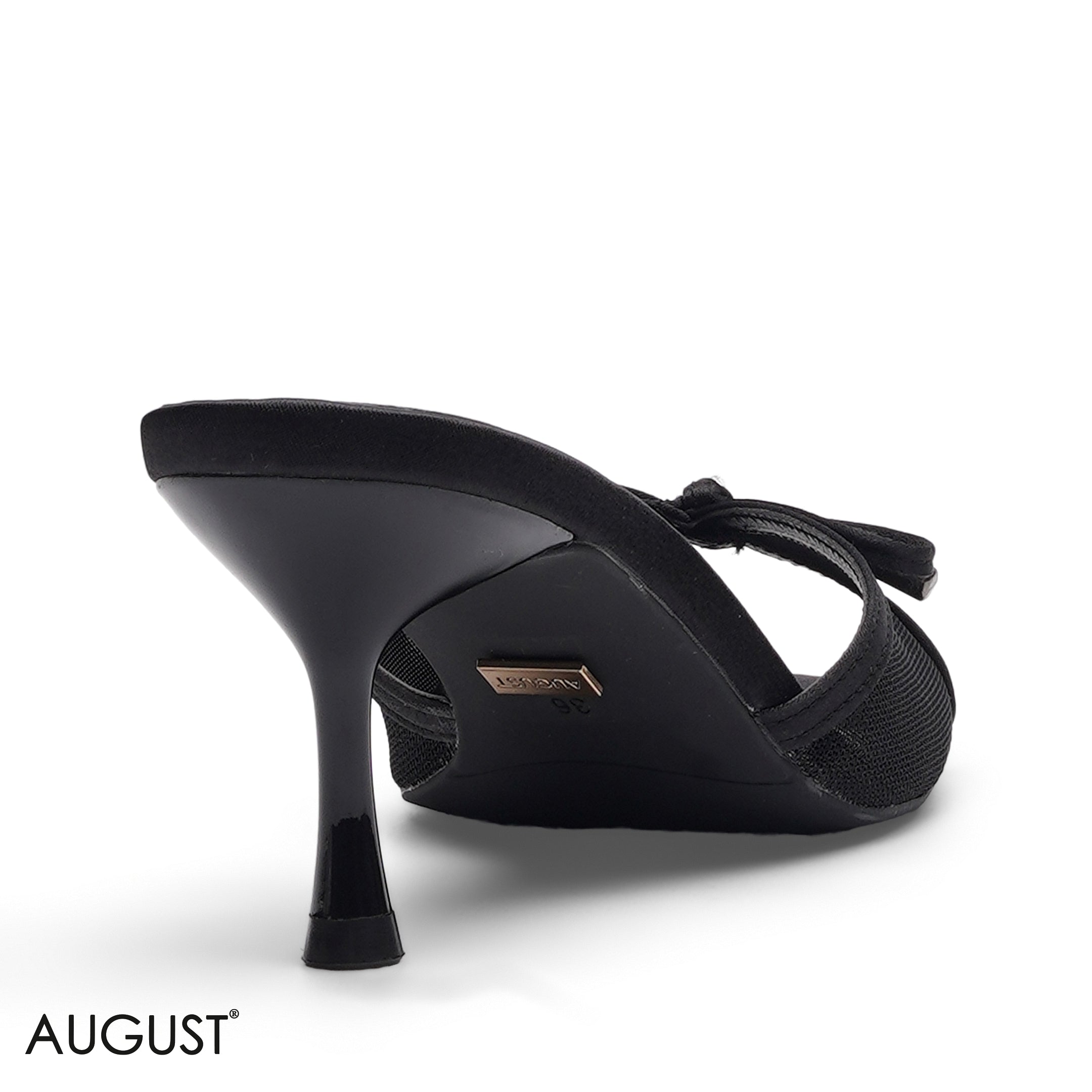 BLACK MESH FABRIC BOW ACCENT SLINGBACK HEELS