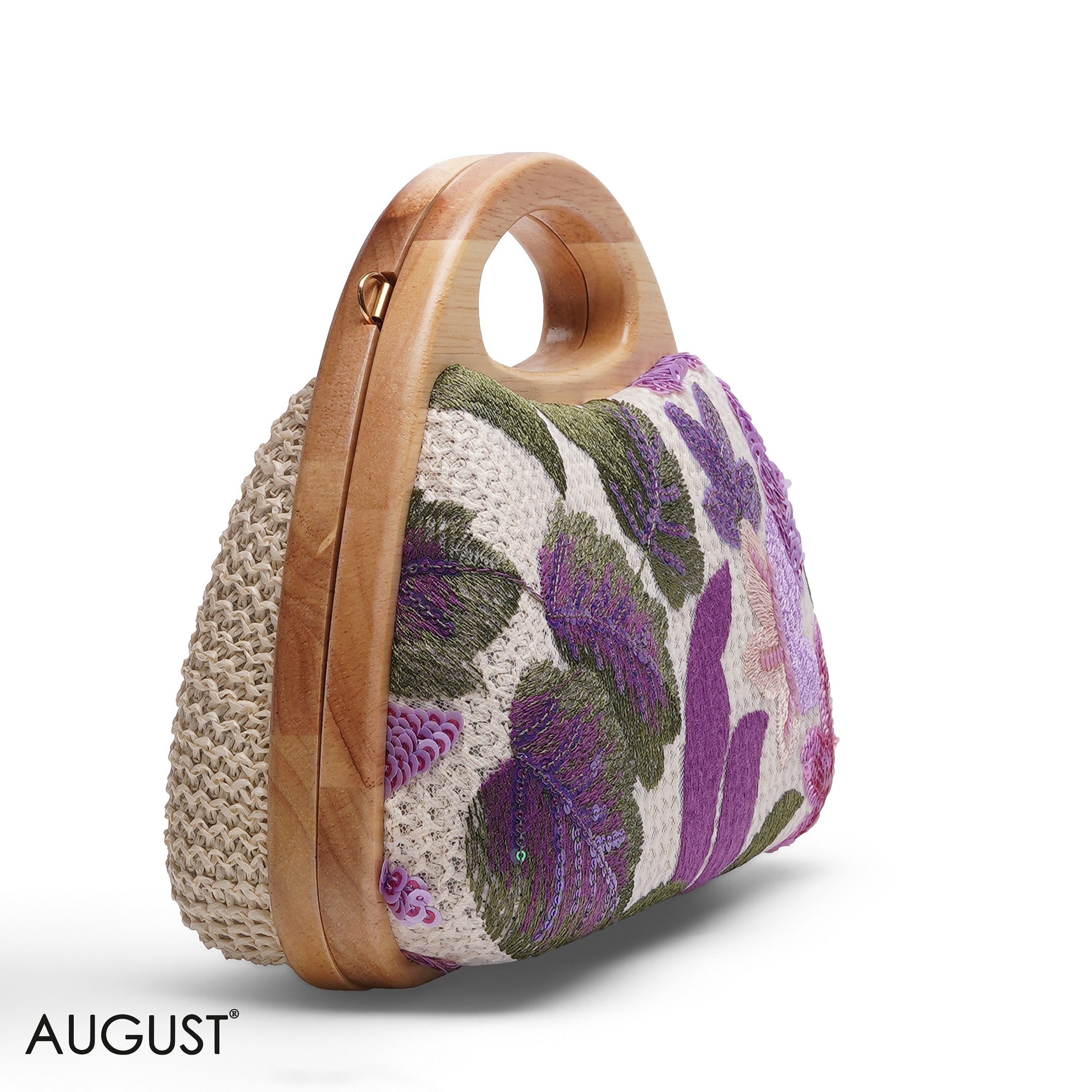 FLORAL EMBROIDERY WOODEN HANDLE CLUTCH