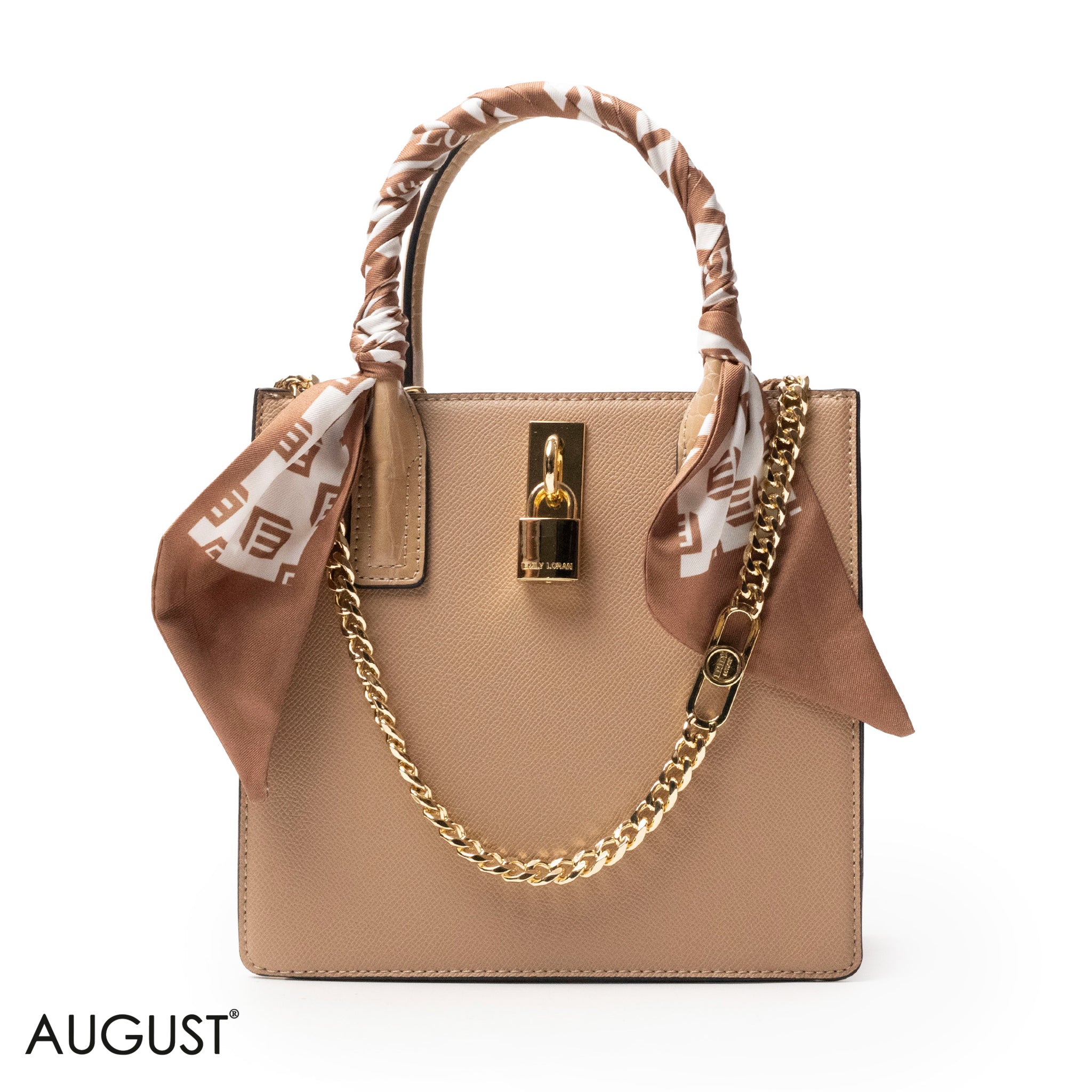 BEIGE LEATHER HANDBAG WITH SILKY SCARF, METAL CHAIN - MED