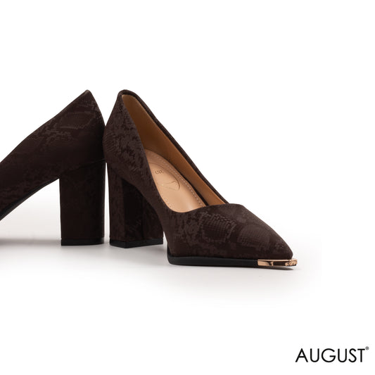 BROWN SNAKE PANTTERNED LEATHER MED -HEEL SHOES