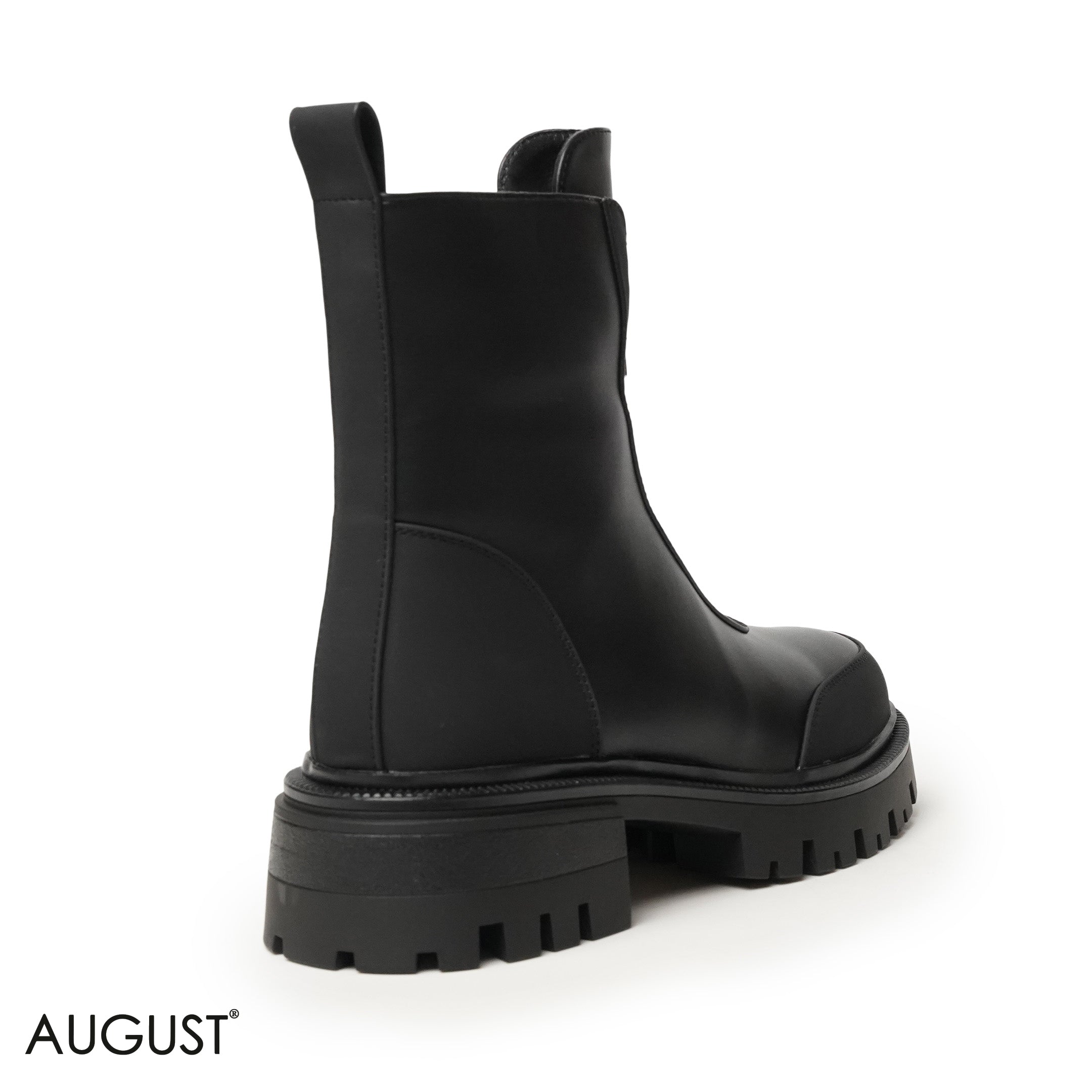 BLACK LEATHER ANKLE BOOTS WITH FRONT ZIPPER,CHUNKY SOLE