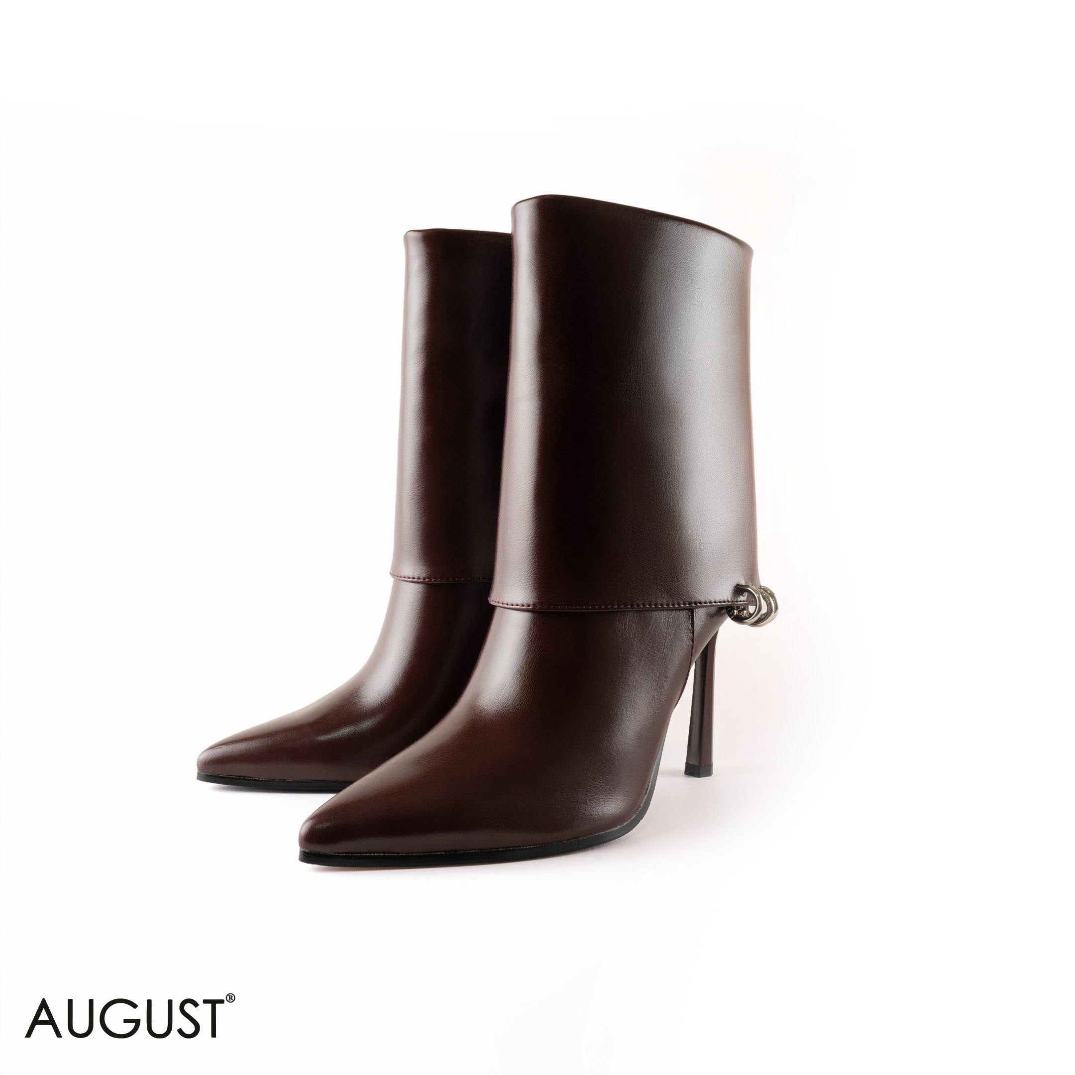 BROWN LEATHER STILETTOS HEELED BOOTS WITH METAL- RINGS DETAIL
