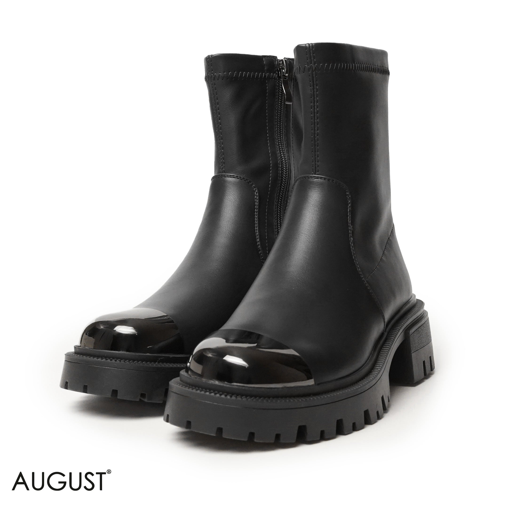 BLACK LEATHER ANKLE BOOTS WITH METALLIC TOE DESIGN