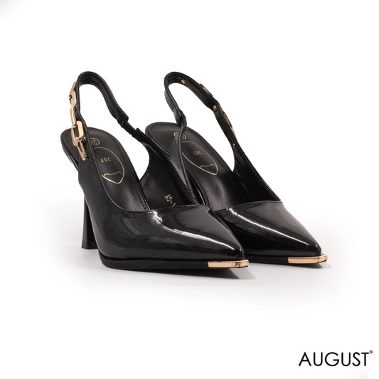 BLACK GLOSSY LEATHER SLINGBACK HIGH -HEEL SHOES