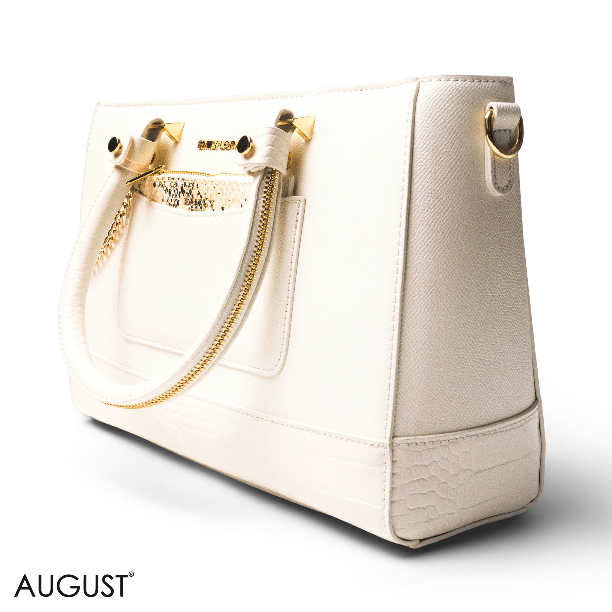 WHITE LEATHER SMOOTH HANDBAG WITH CROC DETAILS-LARGE