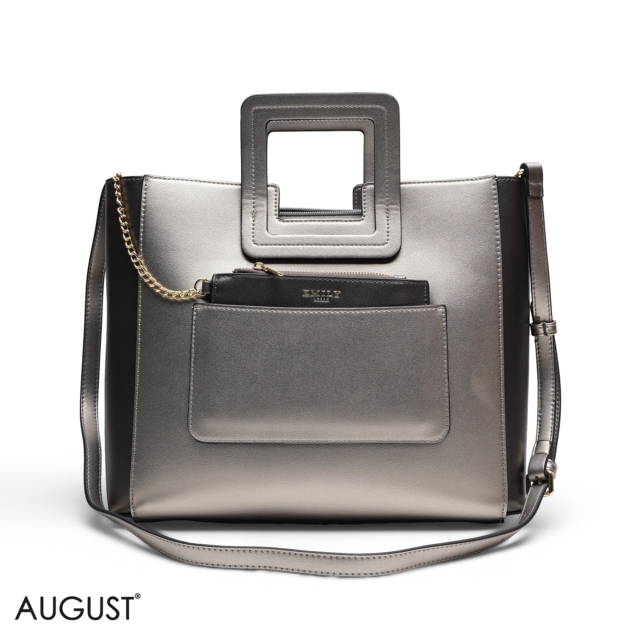SILVER TEXTURED LEATHER TOTE WITH POUCH BAG