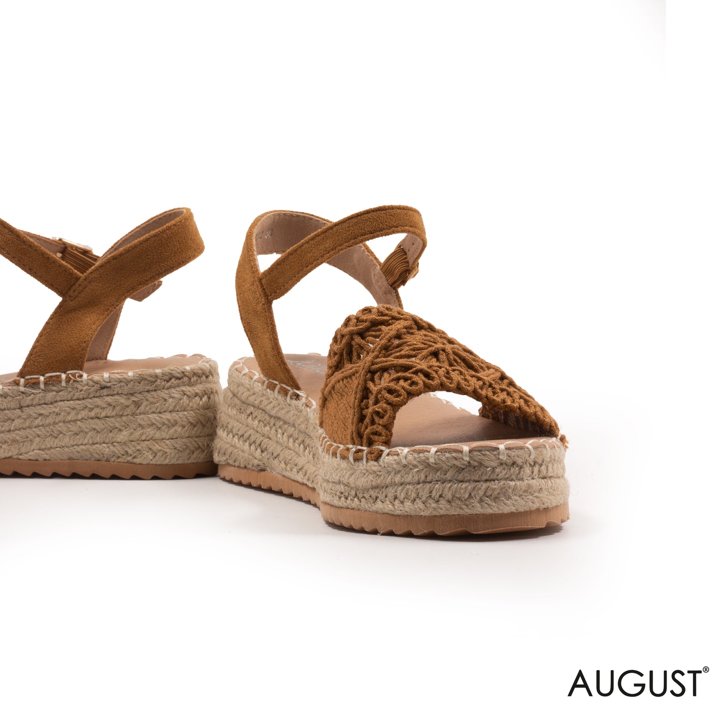 CAMEL STRAW WOVEN FLAT SANDALS WITH WEDGE SOLE