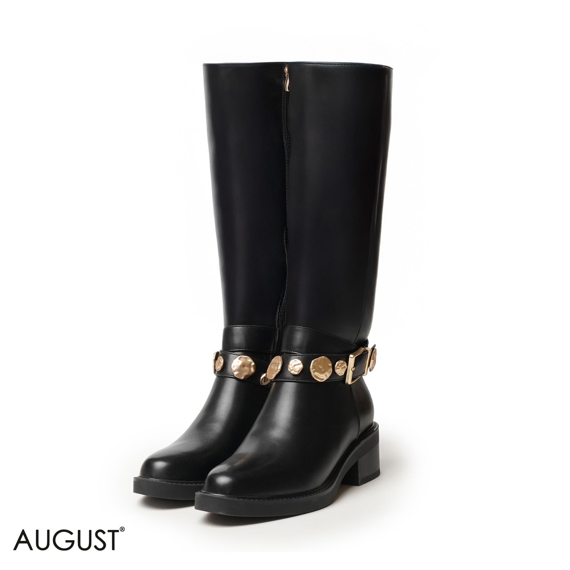 SMOOTH LEATHER LONG BOOTS WITH METAL ACCENTS