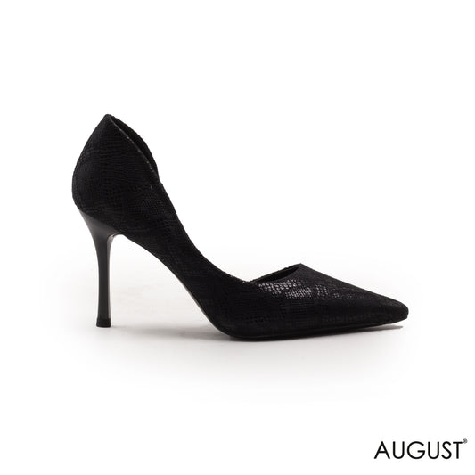 BLACK PATTERNED LEATHER POINTED-TOE PUMPS