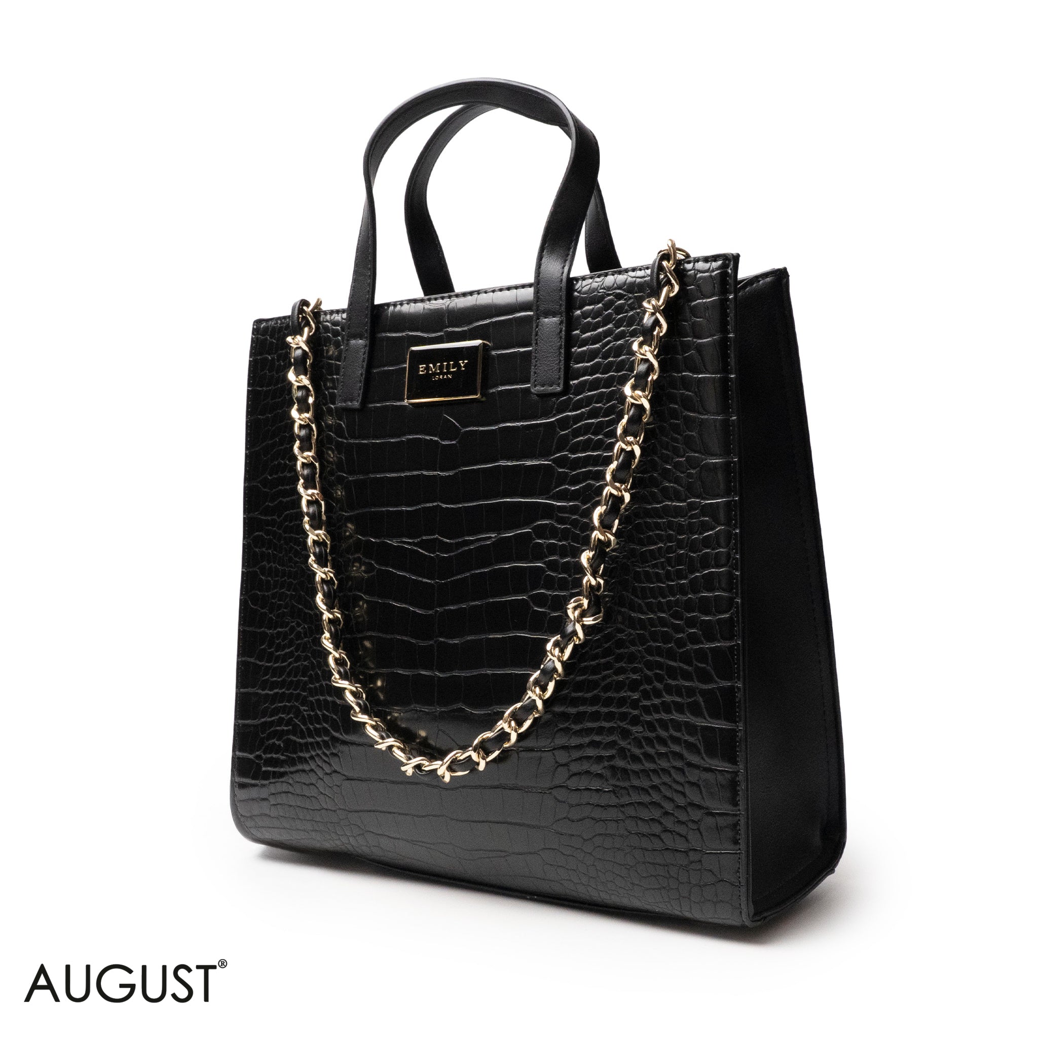 BLACK CROCODILE LEATHER HANDBAG WITH METAL CHAIN - LARGE