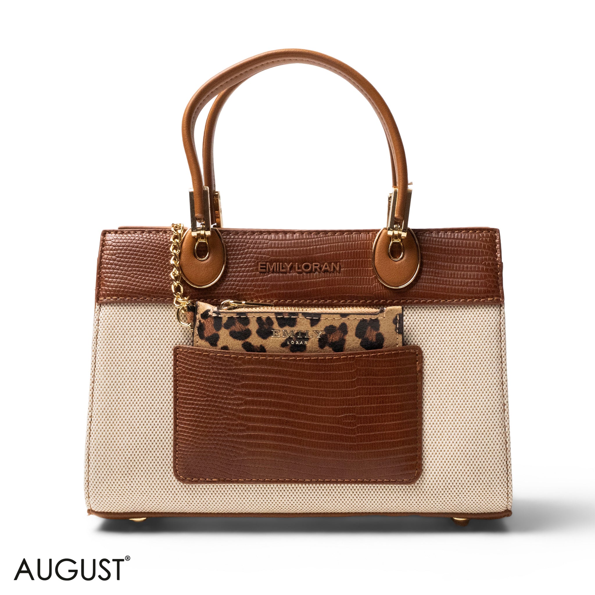 BROWN LEATHER SMOOTH HANDBAG WITH CROC DETAILS-SMALL