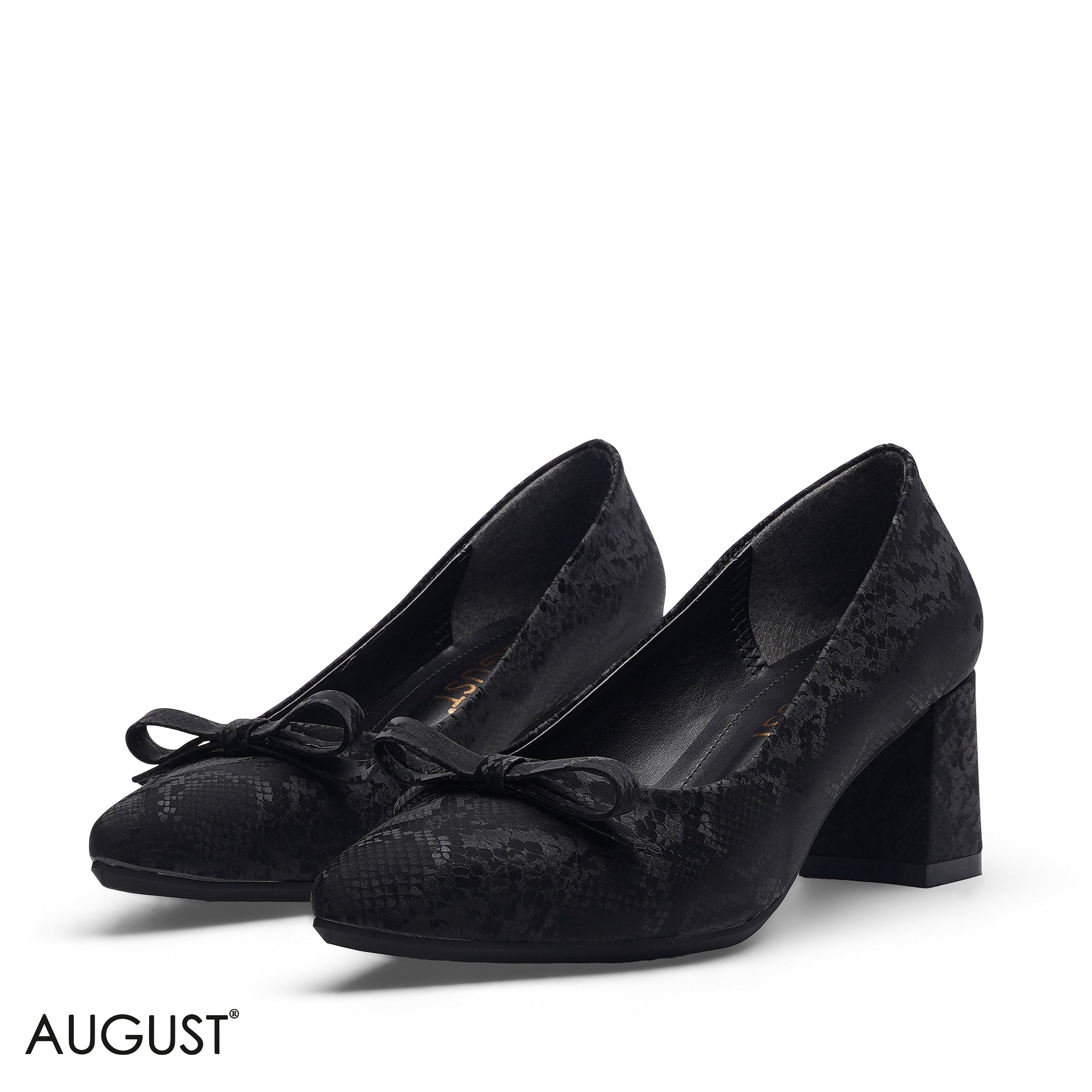 BLACK FEMININE BOW ACCENT BLOCK HEEL PUMPS