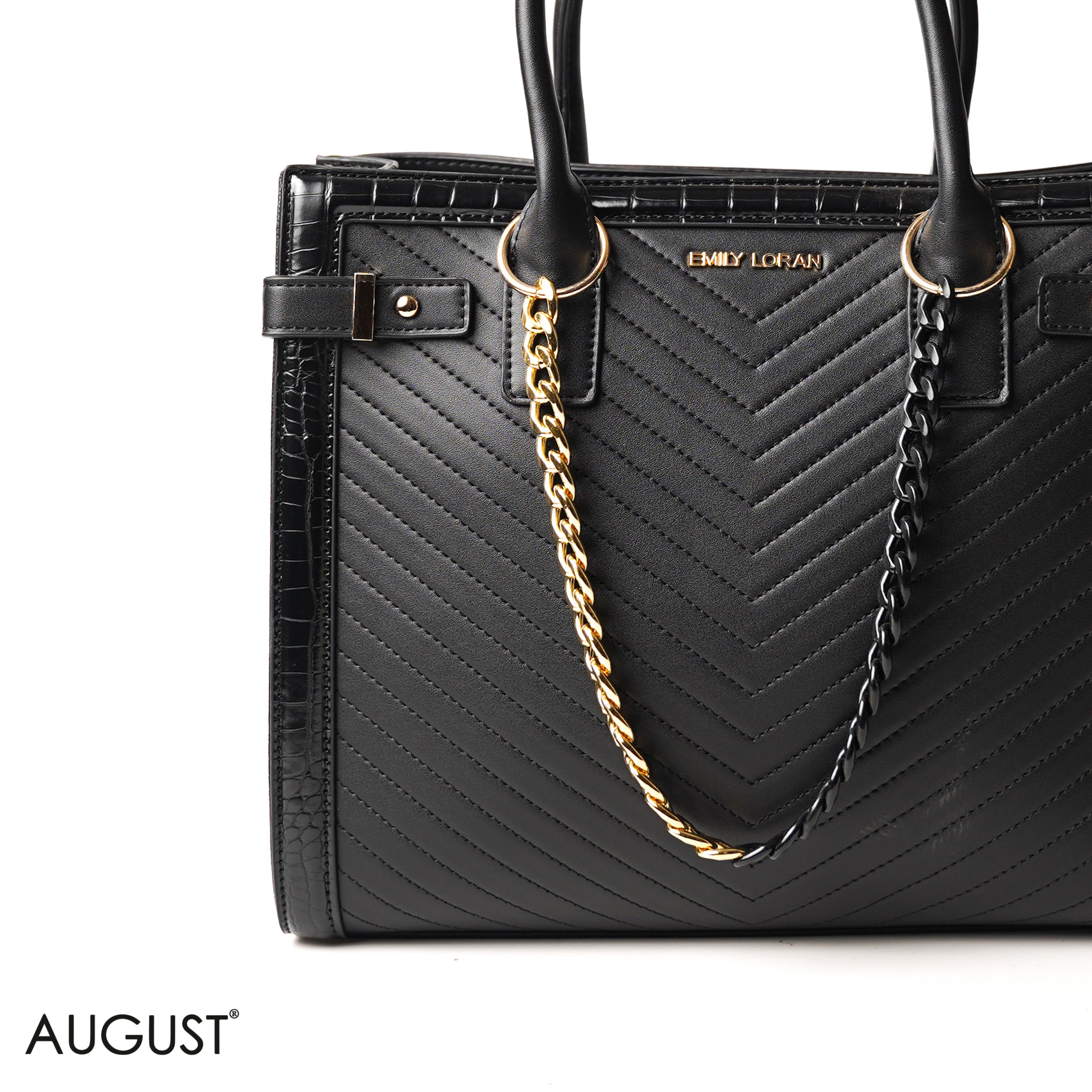 BLACK SQUARED HAND BAG WITH SIMPLE BUFF DETAIL - LARGE