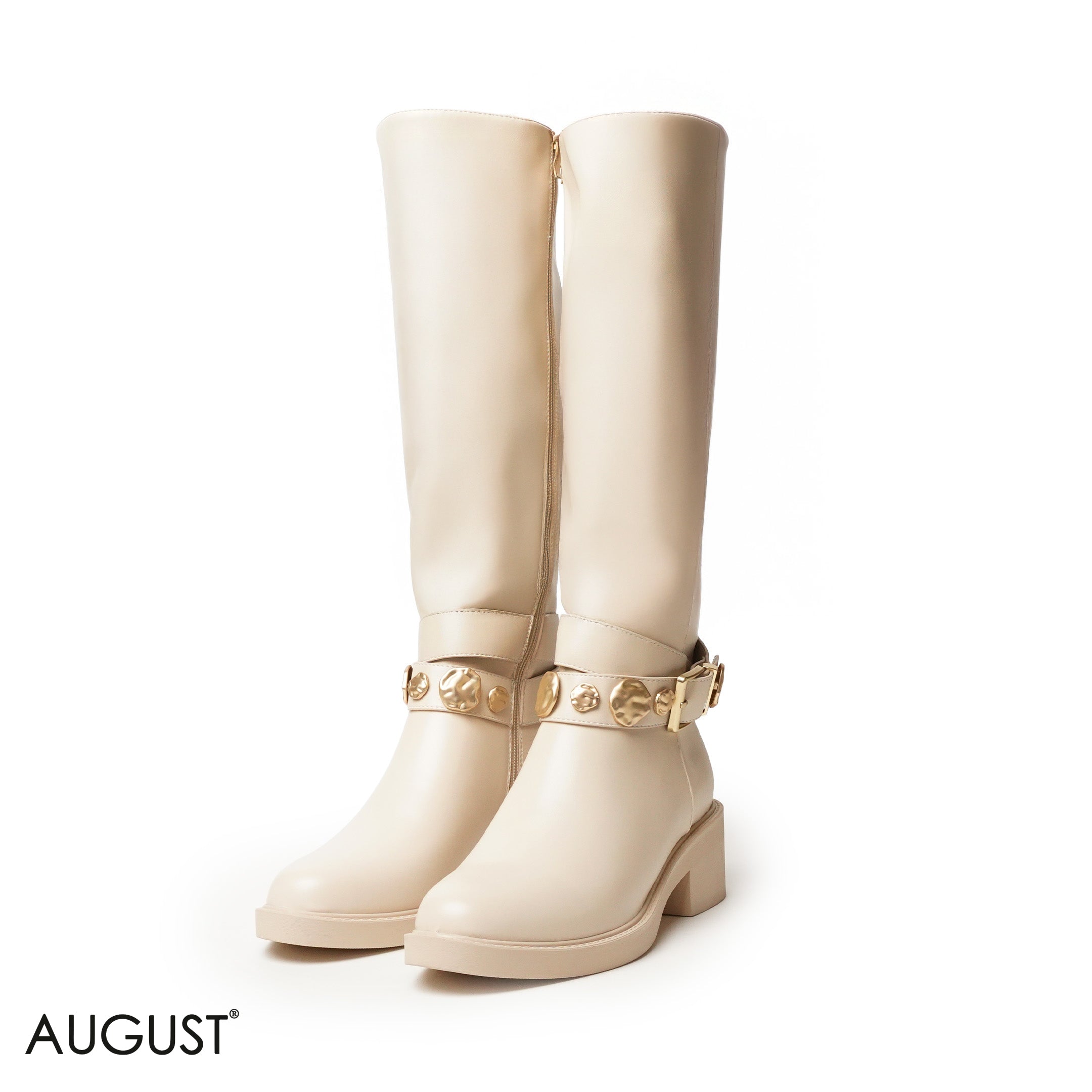 SMOOTH LEATHER LONG BOOTS WITH METAL ACCENTS