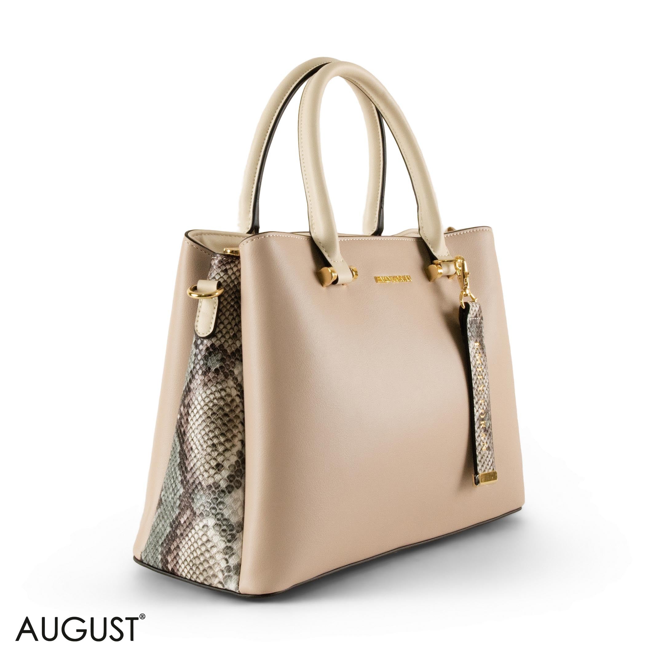 BEIGE SMOOTH LEATHER HANDBAG WITH SNAKE ACCENTS - LARGE