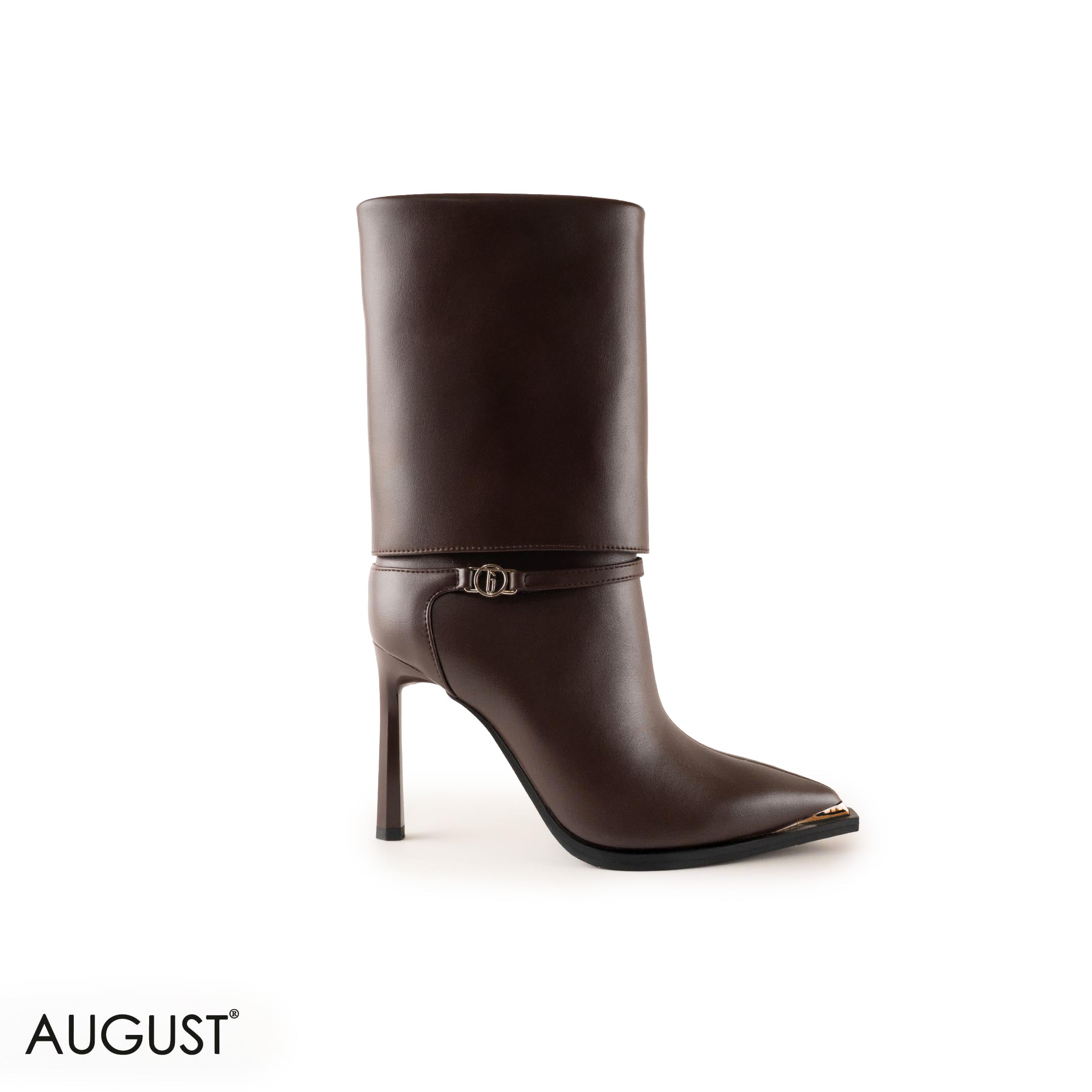 BROWN LEATHER STILETTOS HEELED BOOTS WITH BUCKLE DETAIL
