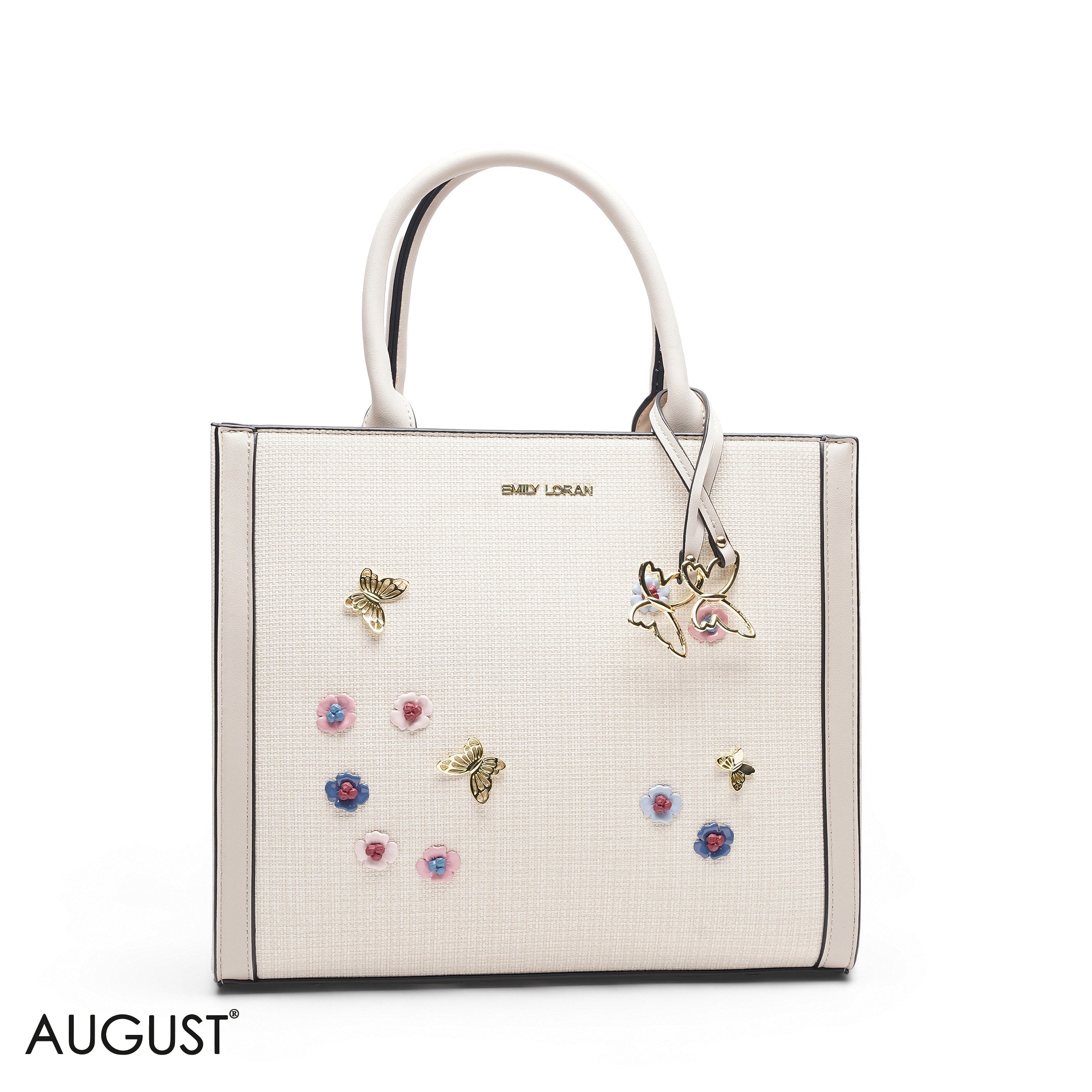 BEIGE SQUARE TOTE WITH FLORAL APPLIQUÉS - LARGE