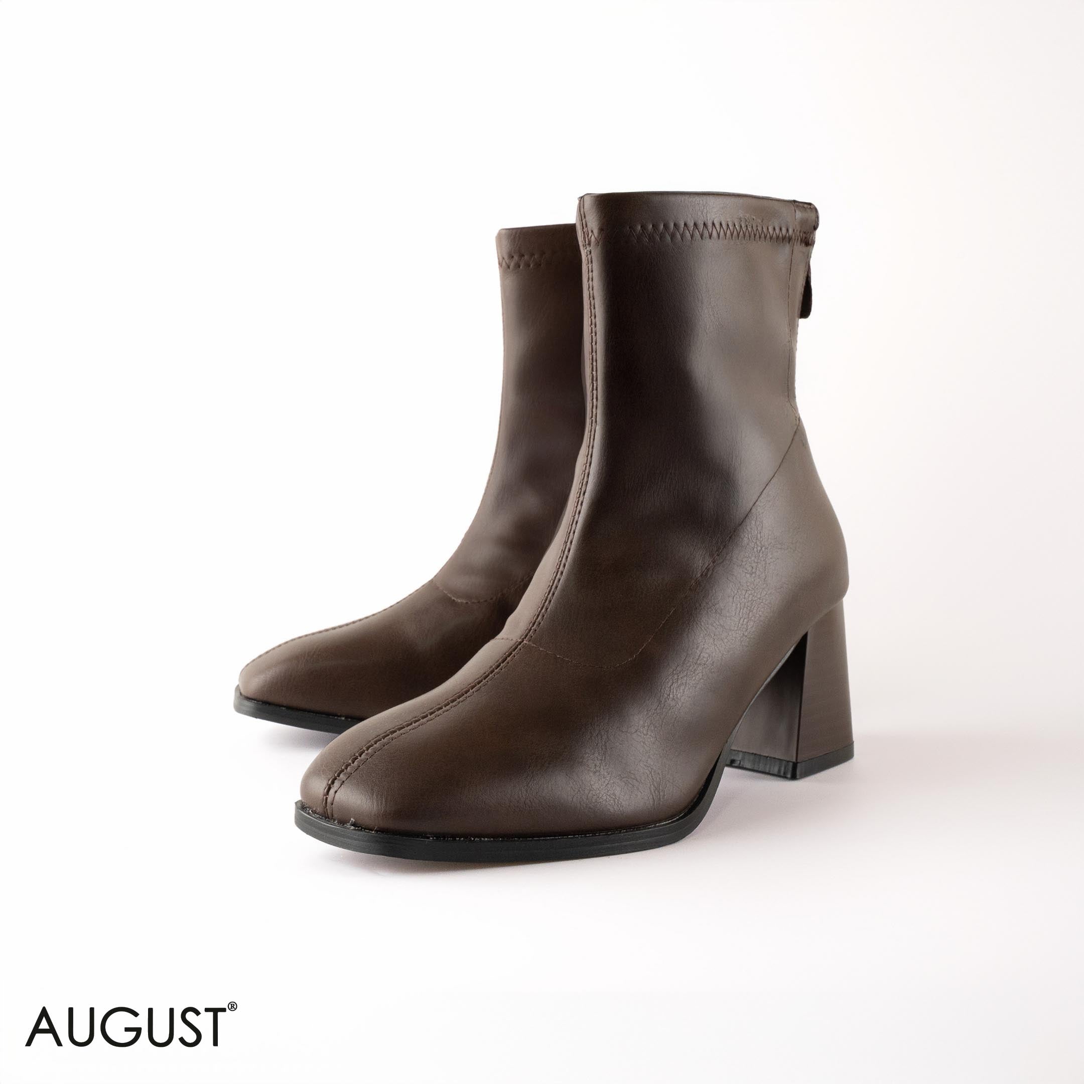 BROWN LEATHER HEELED BOOTS WITH BACK ZIPPER