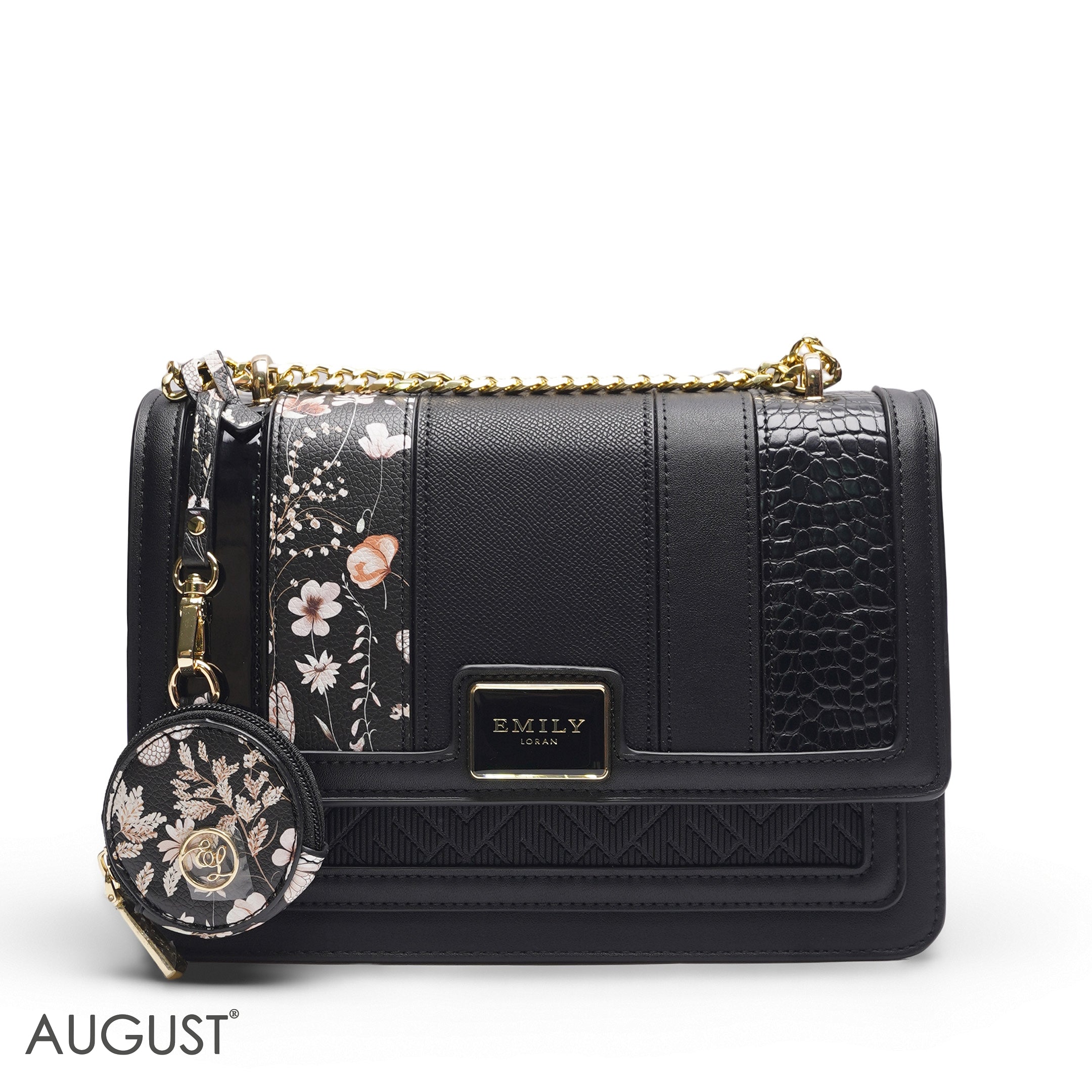 EMILY MULTI-TEXTURE SOLID BLACK CROSSBODY BAG - MED